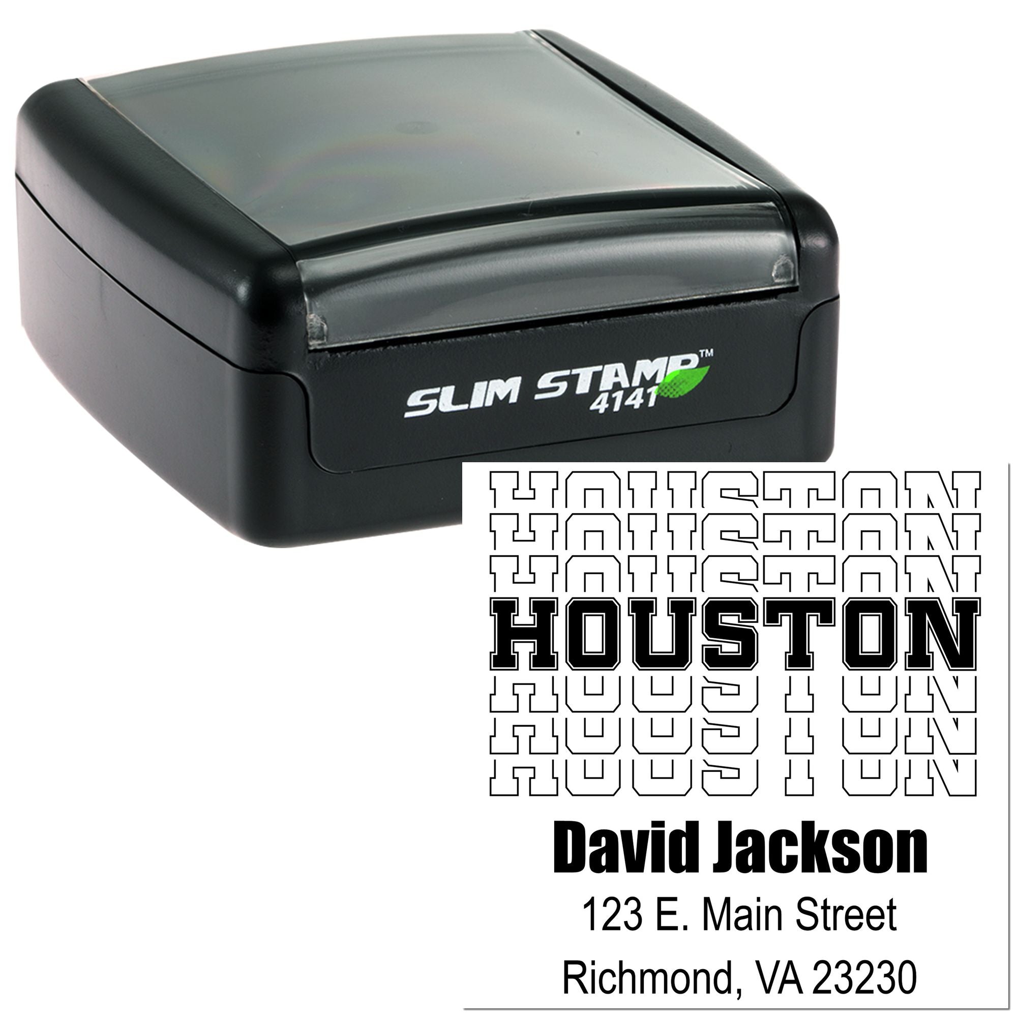 Custom self-inking rubber stamp for address labels, featuring Houston imprint, David Jackson, Richmond, VA.