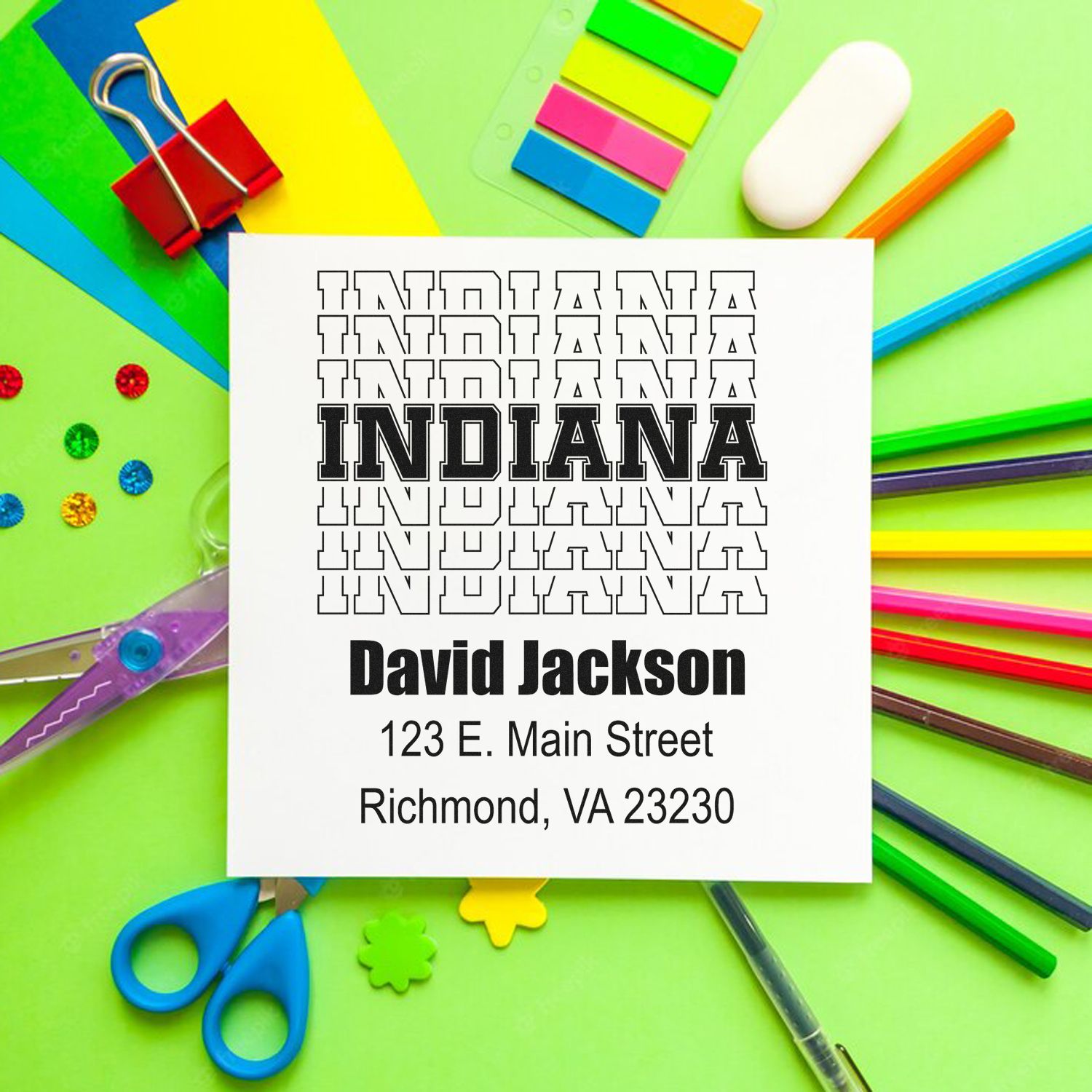 Custom Indiana rubber address stamp with name and mailing address for personalized business and return mail use.