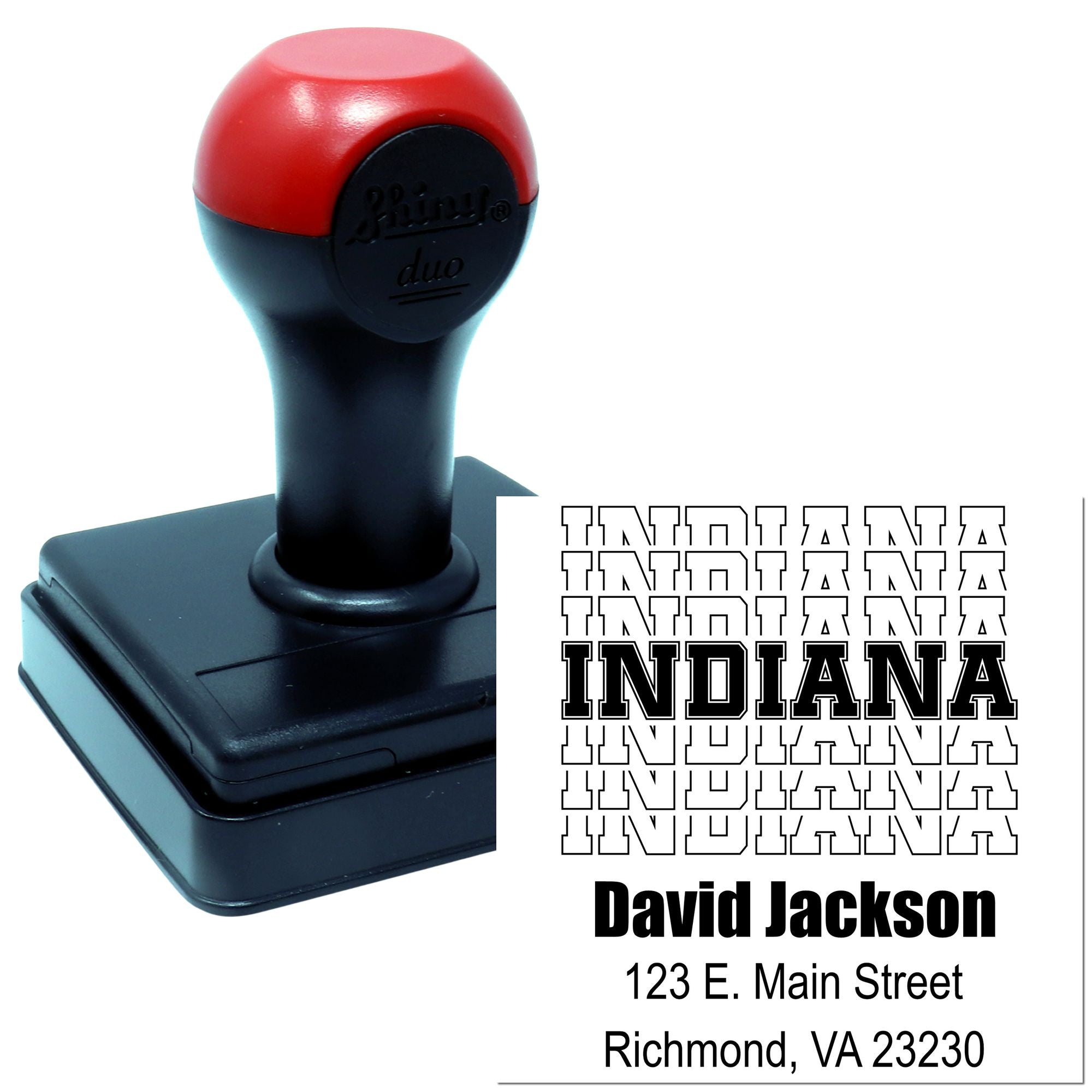 Custom self-inking rubber address stamp for Indiana, featuring David Jackson, 123 E. Main Street, Richmond, VA 23230.