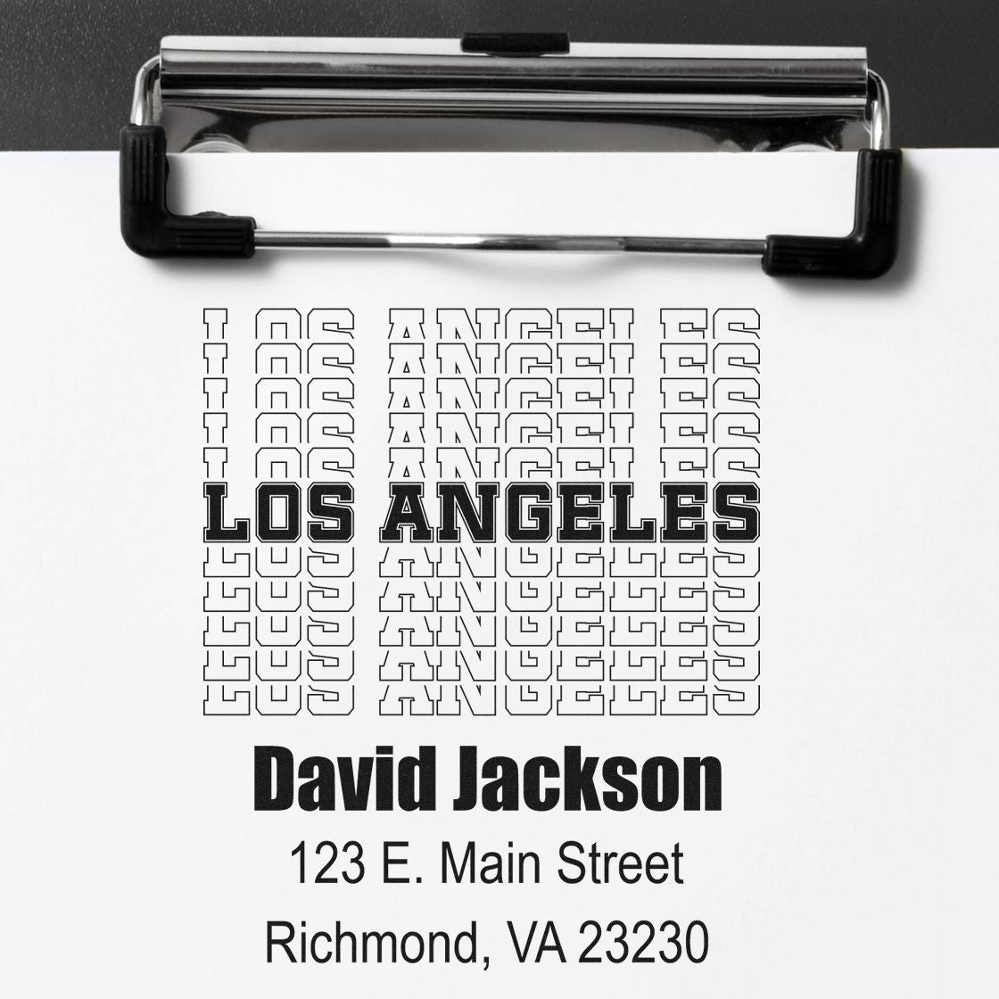 Custom address rubber stamp design for David Jackson, Los Angeles, with Richmond, VA 23230.