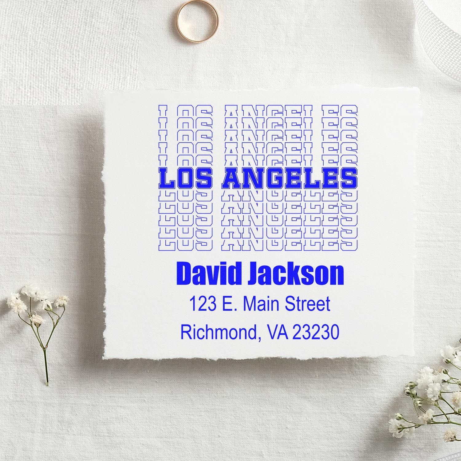 Custom Los Angeles return address rubber stamp with David Jackson name and Richmond, VA address on paper sample.