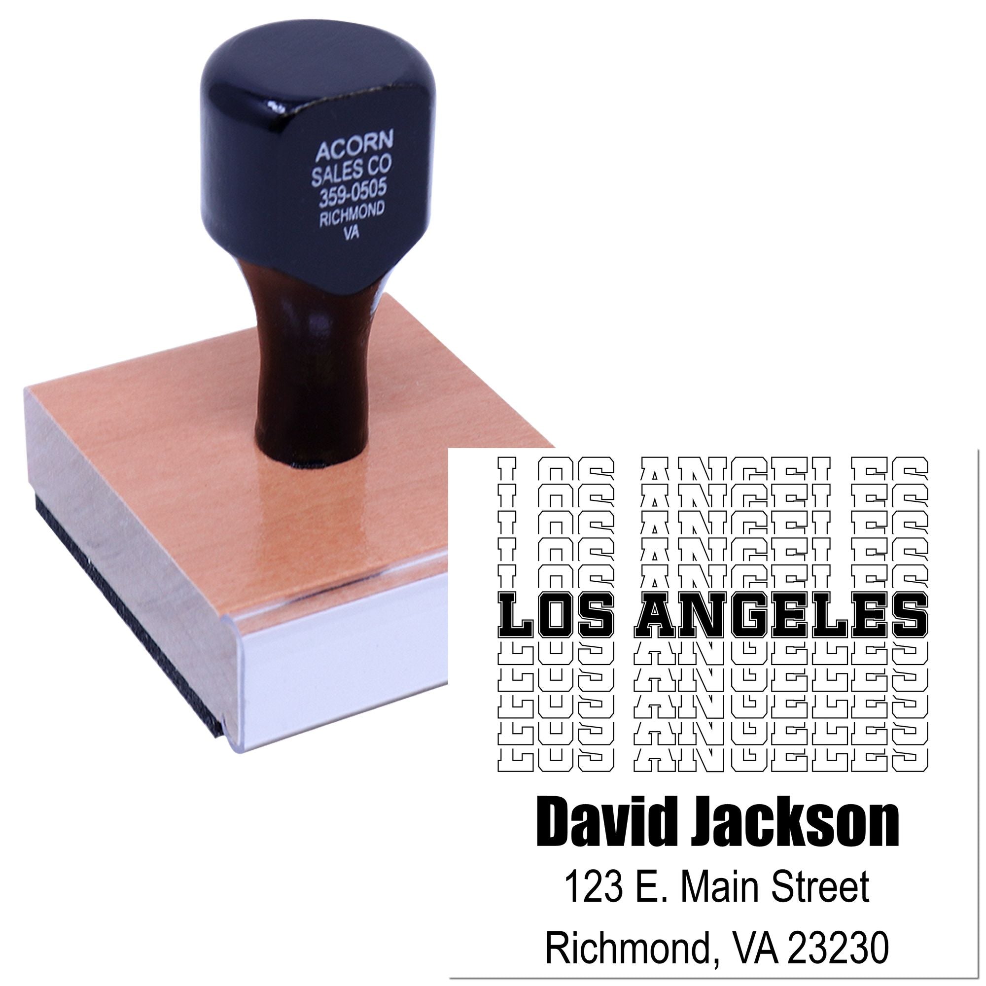 Custom address rubber stamp with personalized imprint and Los Angeles text sample for business mailing and branding.