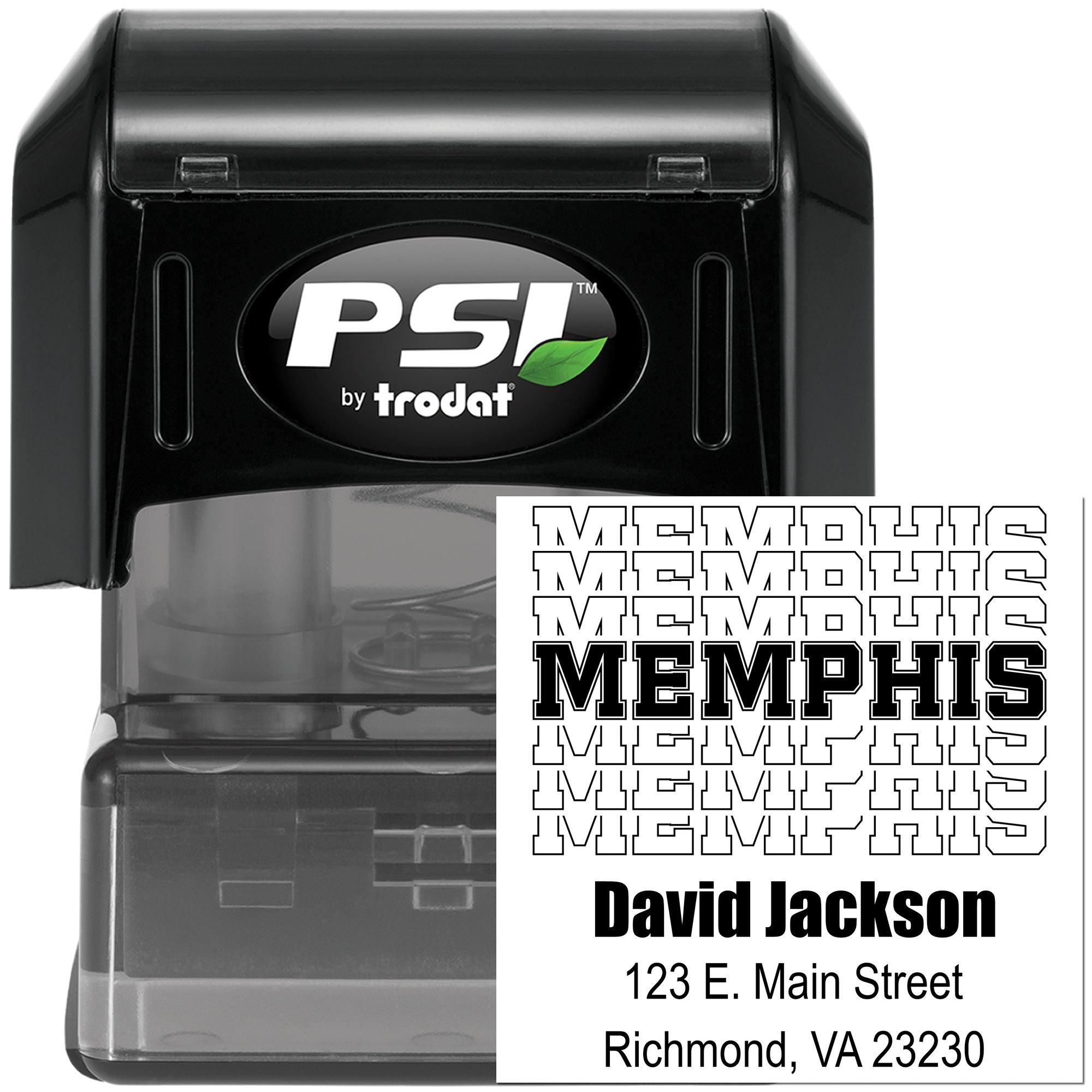 PSI by Trodat self-inking rubber stamp with custom Memphis address imprint for business or personal use.