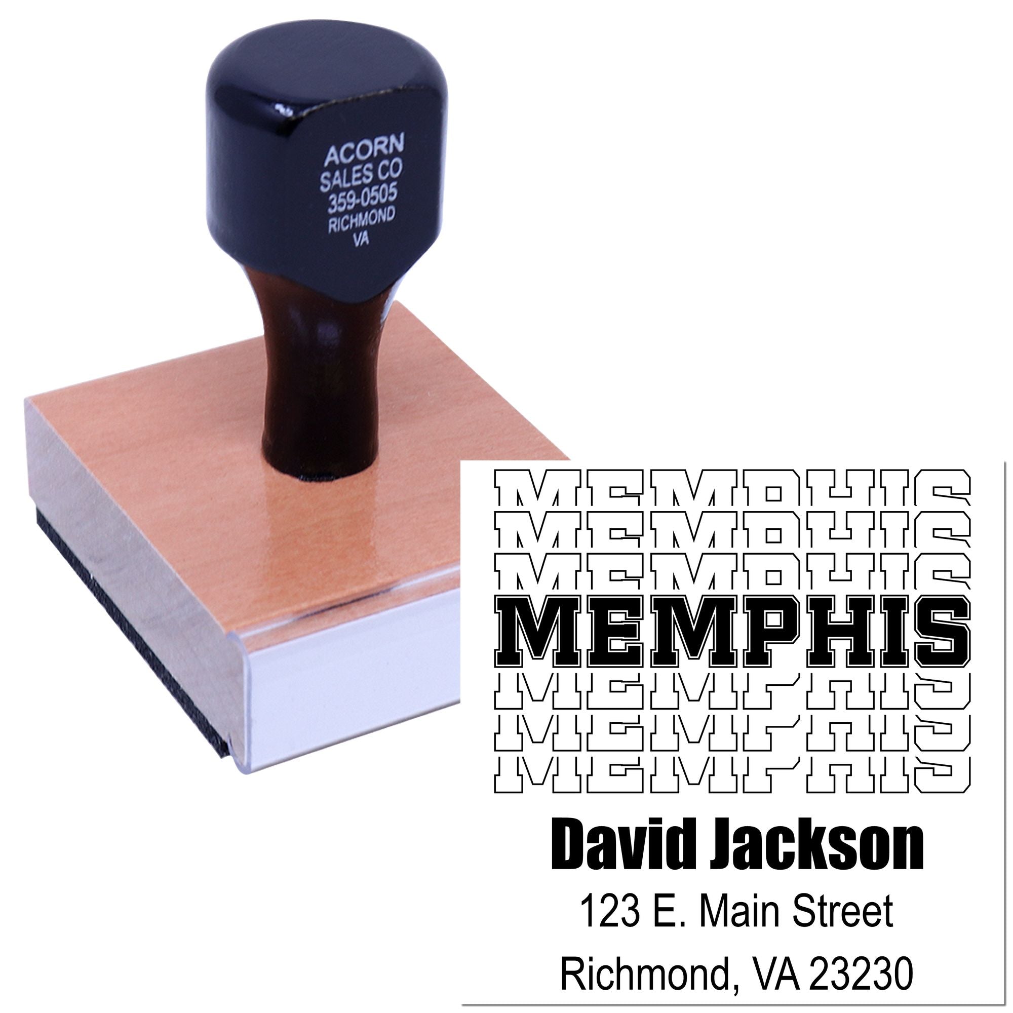 Custom business address rubber stamp proof with Memphis lettering, name, phone number, and mailing address.