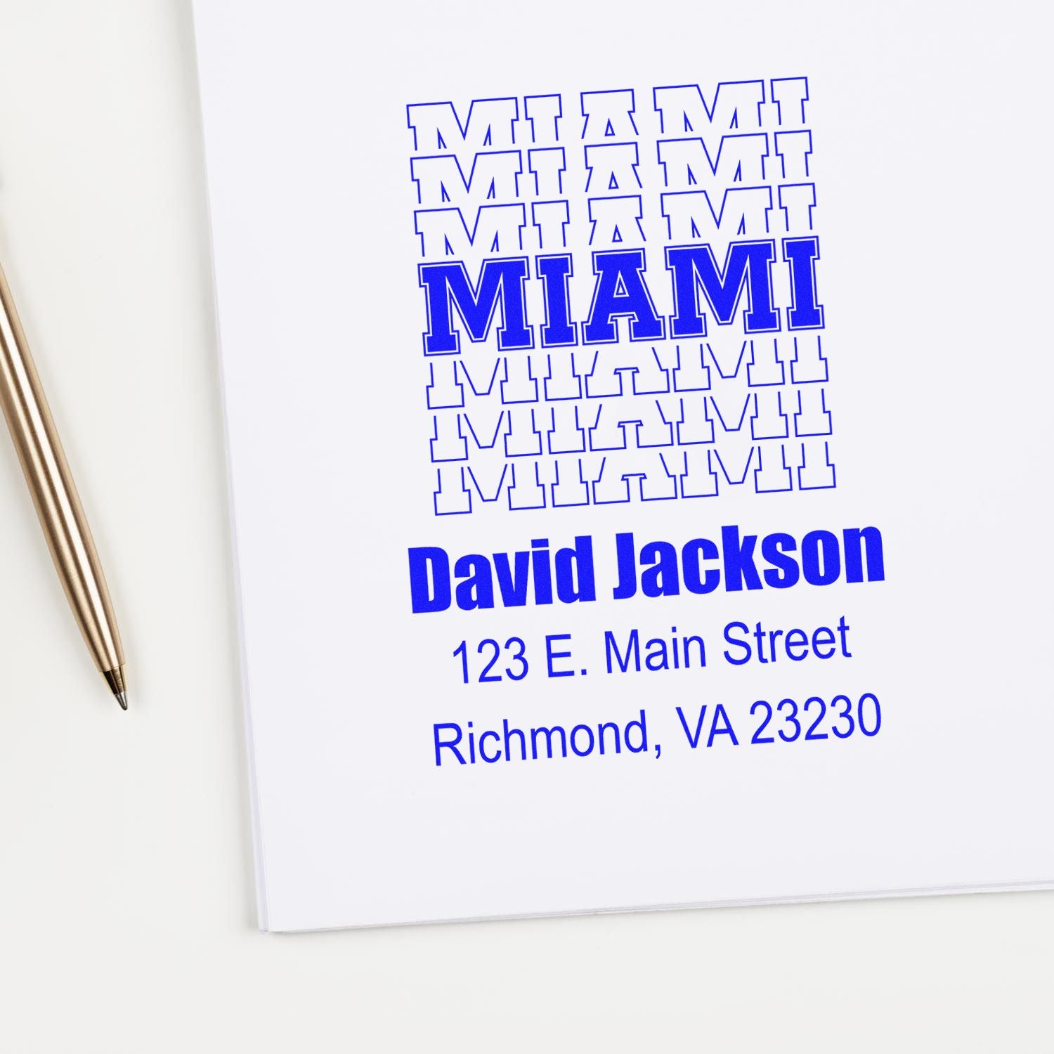 Custom rubber address stamp with Miami logo, David Jackson name, and Richmond, VA mailing address.