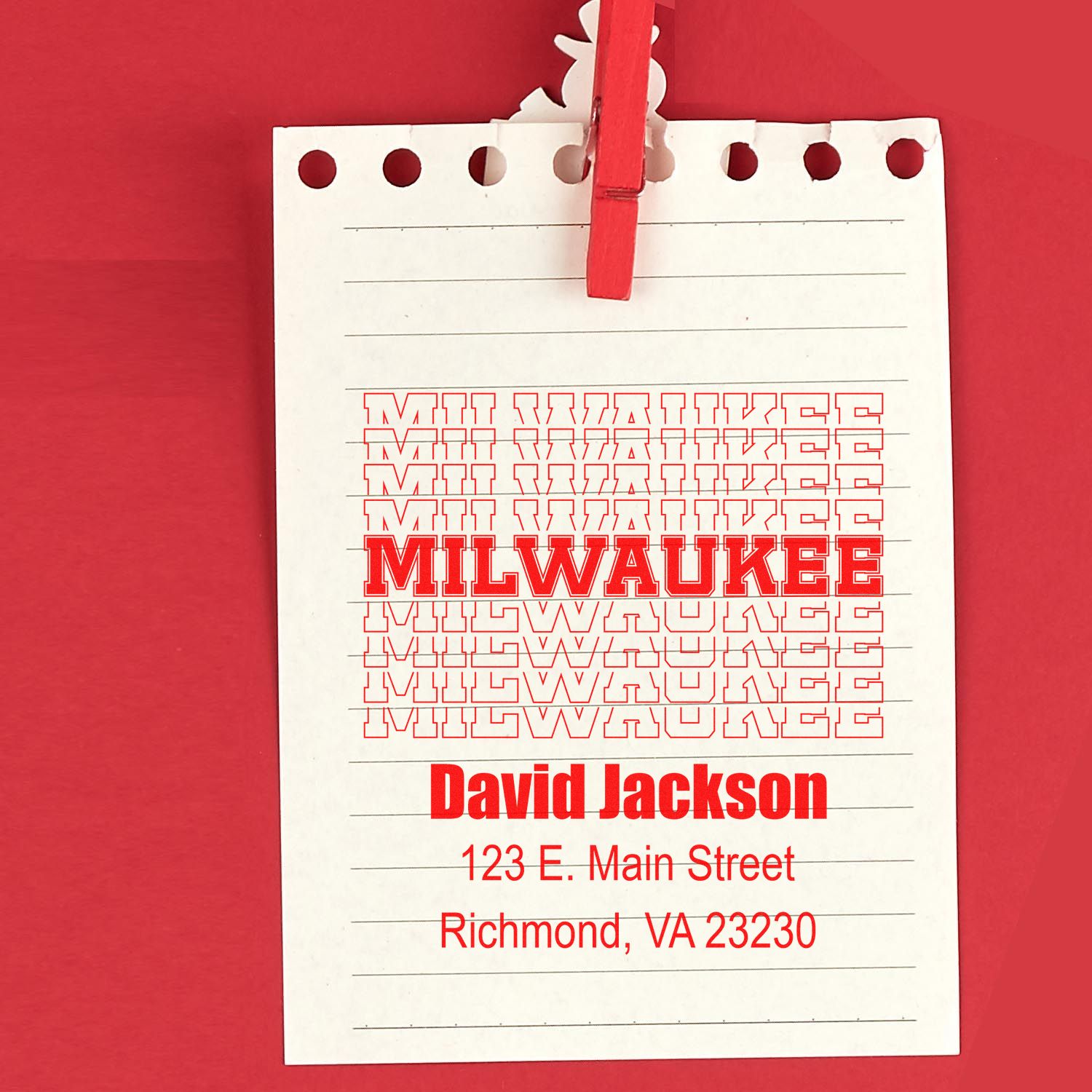 Custom rubber stamp proof for David Jackson, featuring Milwaukee text and Richmond, VA 23230 return address.