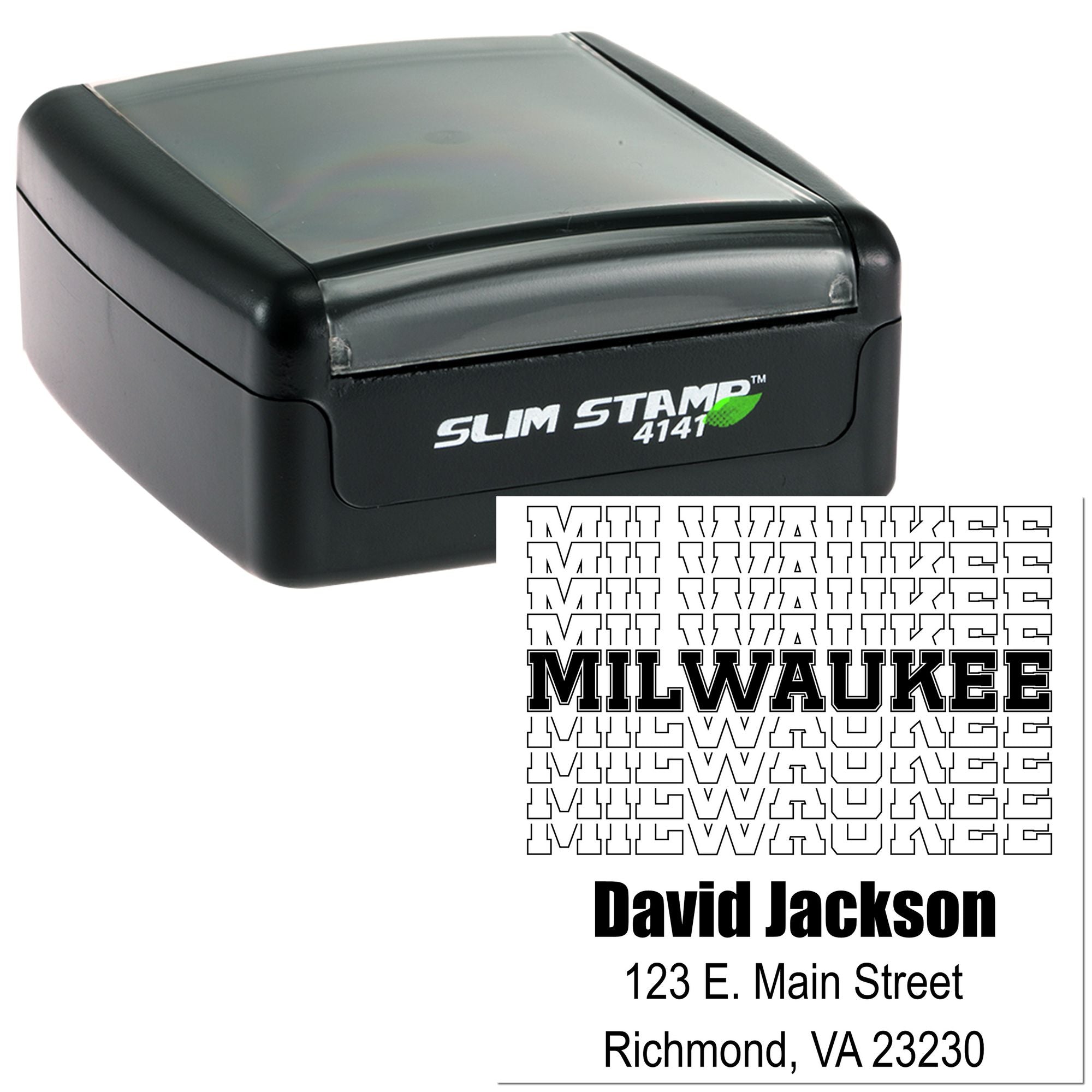 Custom self-inking rubber stamp with Milwaukee address imprint, perfect for business mailing and branding.