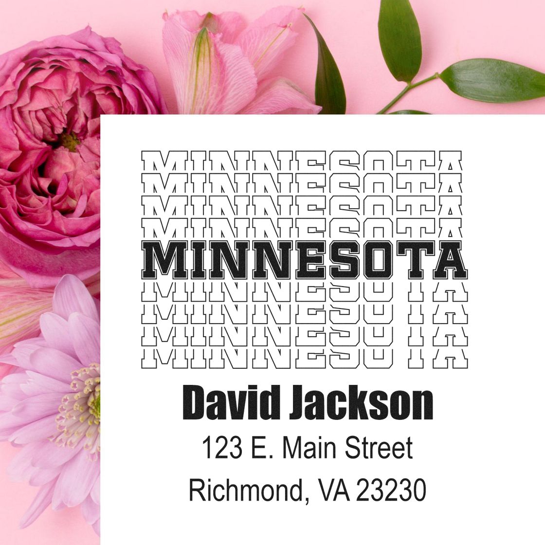 Custom Minnesota rubber stamp with name and address for personalized mail, business branding, and return addresses.
