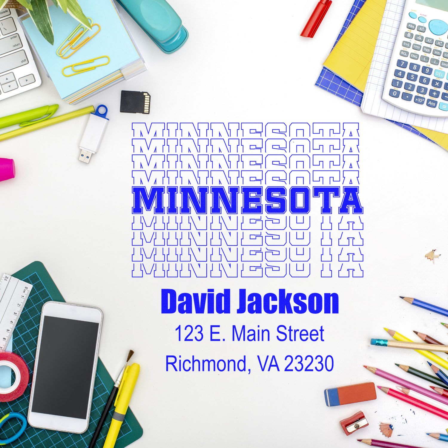 Custom Minnesota address rubber stamp design for David Jackson, with name, street address, and Richmond, VA 23230.