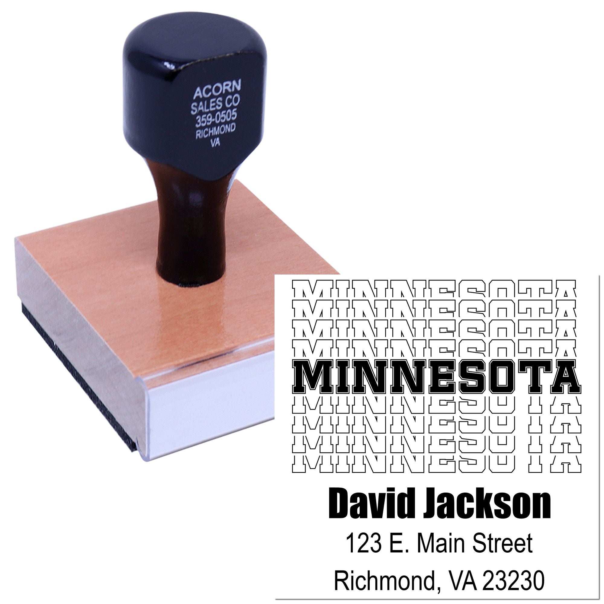 Custom rubber stamp with personalized business name, address, and Minnesota design for mailing and branding.