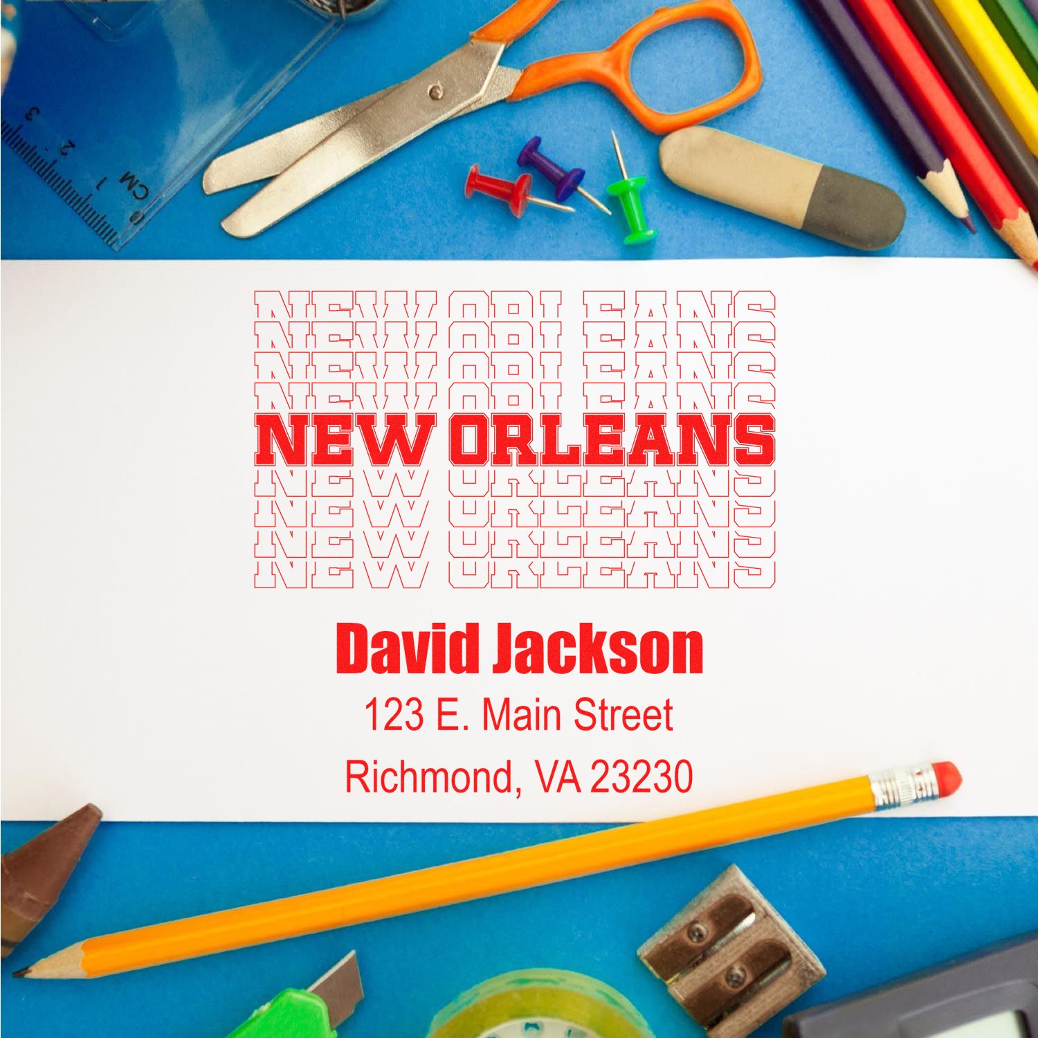 Custom New Orleans return address rubber stamp design for David Jackson, 123 E. Main Street, Richmond, VA 23230.
