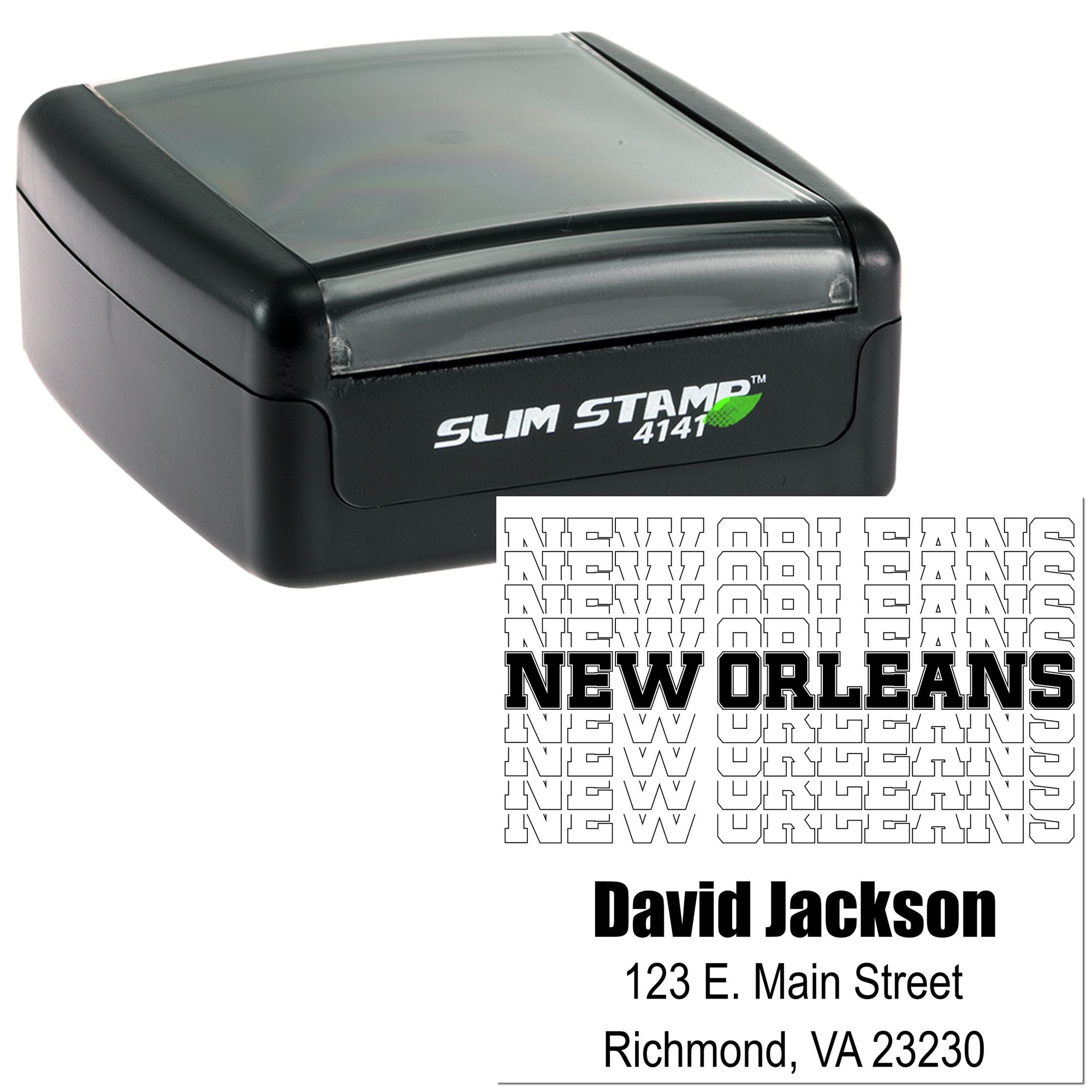 Custom self-inking rubber address stamp with personalized New Orleans mailing design for David Jackson