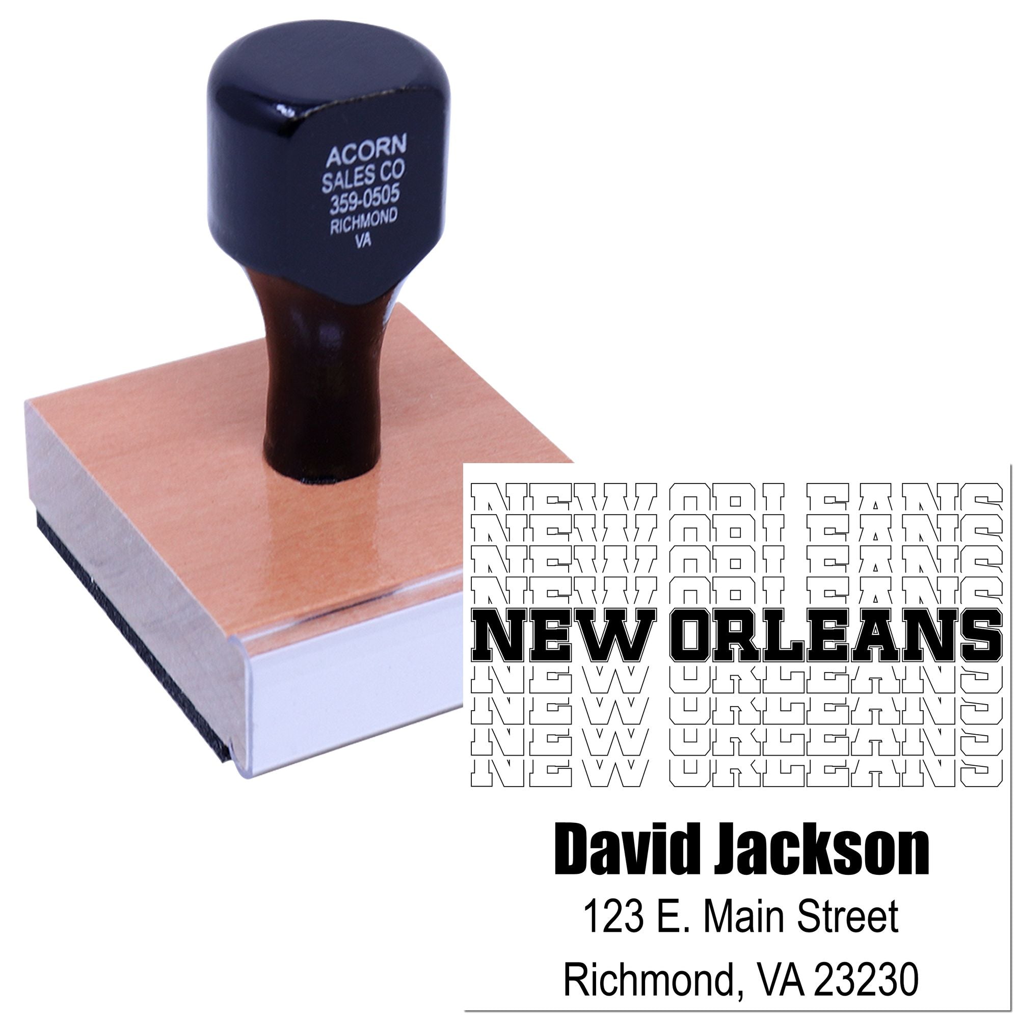 Custom rubber stamp with New Orleans name and address imprint for business branding, mailing, and personalized use.