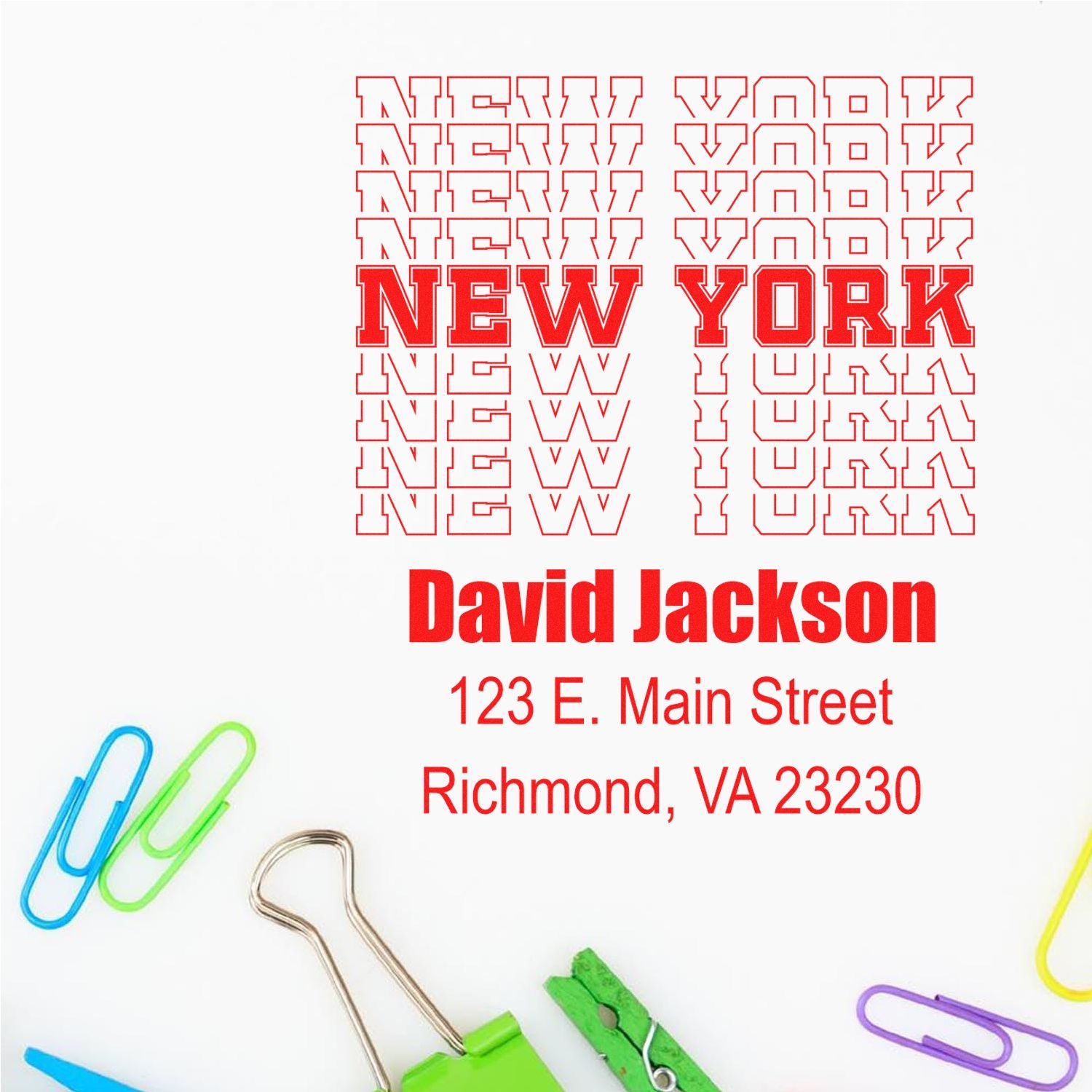 Custom New York address rubber stamp design with name, street address, and city state ZIP for mailing and office use.