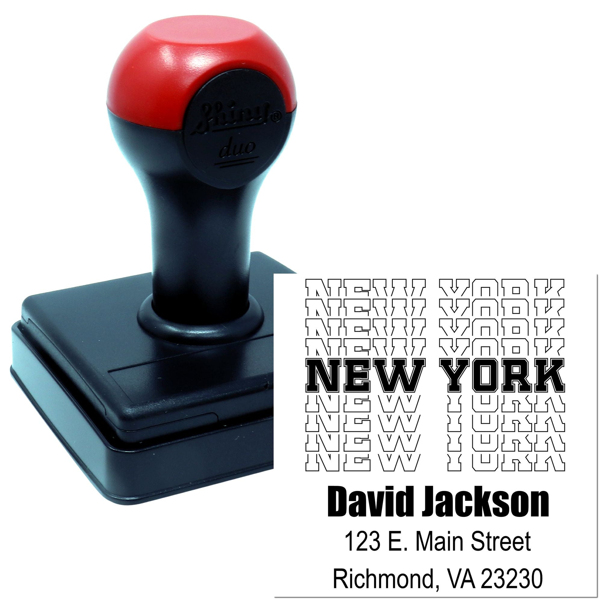 Custom self-inking address rubber stamp with New York return address for David Jackson, Richmond VA 23230.