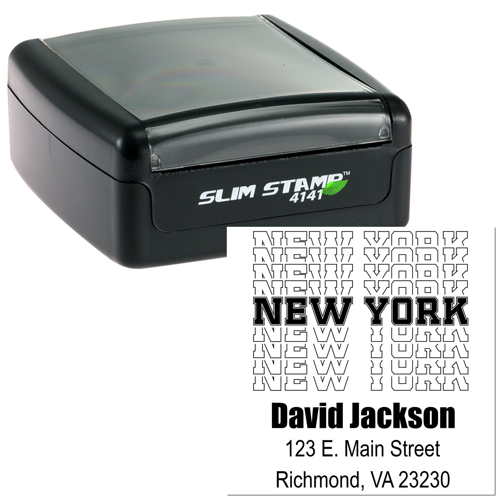 Custom self-inking rubber stamp with New York address imprint for David Jackson, Richmond VA 23230.