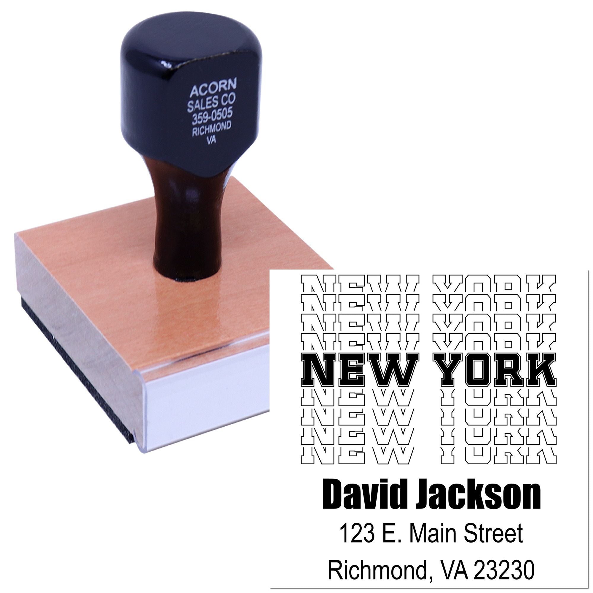 Custom rubber address stamp with New York design, David Jackson name, and business address for mailing and branding.