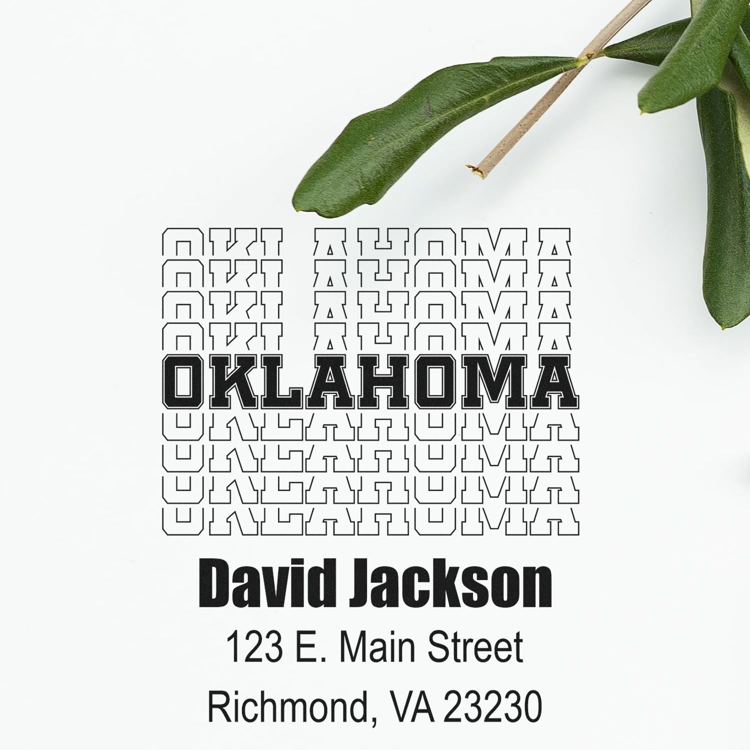 Personalized Oklahoma address rubber stamp for David Jackson, 123 E. Main Street, Richmond, VA 23230.