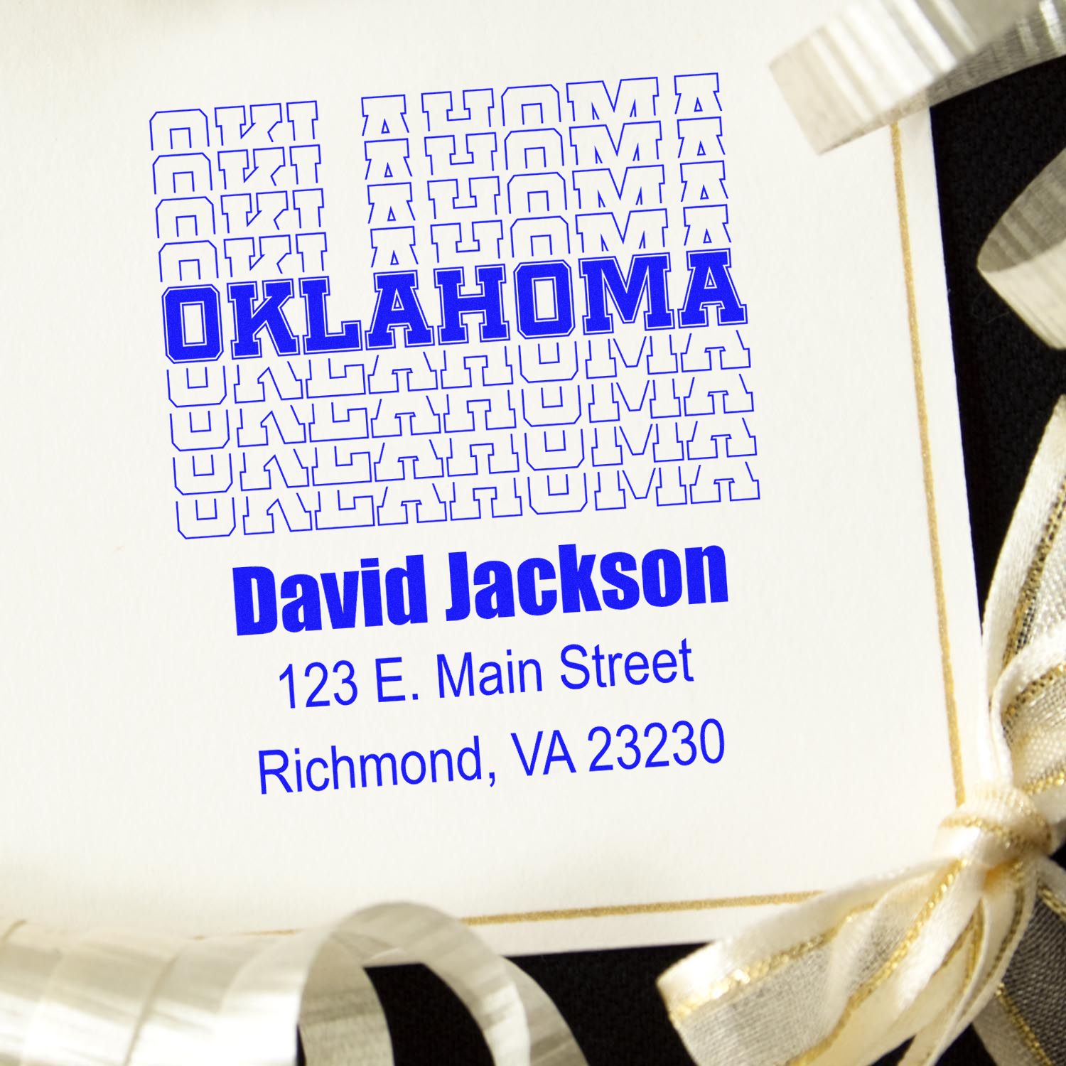 Custom Oklahoma address rubber stamp with name, street, and city for personalized stationery and mailing.