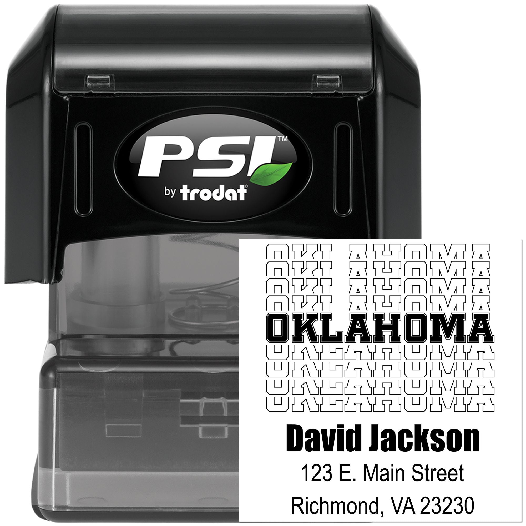 Custom self-inking rubber stamp, PSI by Trodat, with Oklahoma imprint and return address for David Jackson.