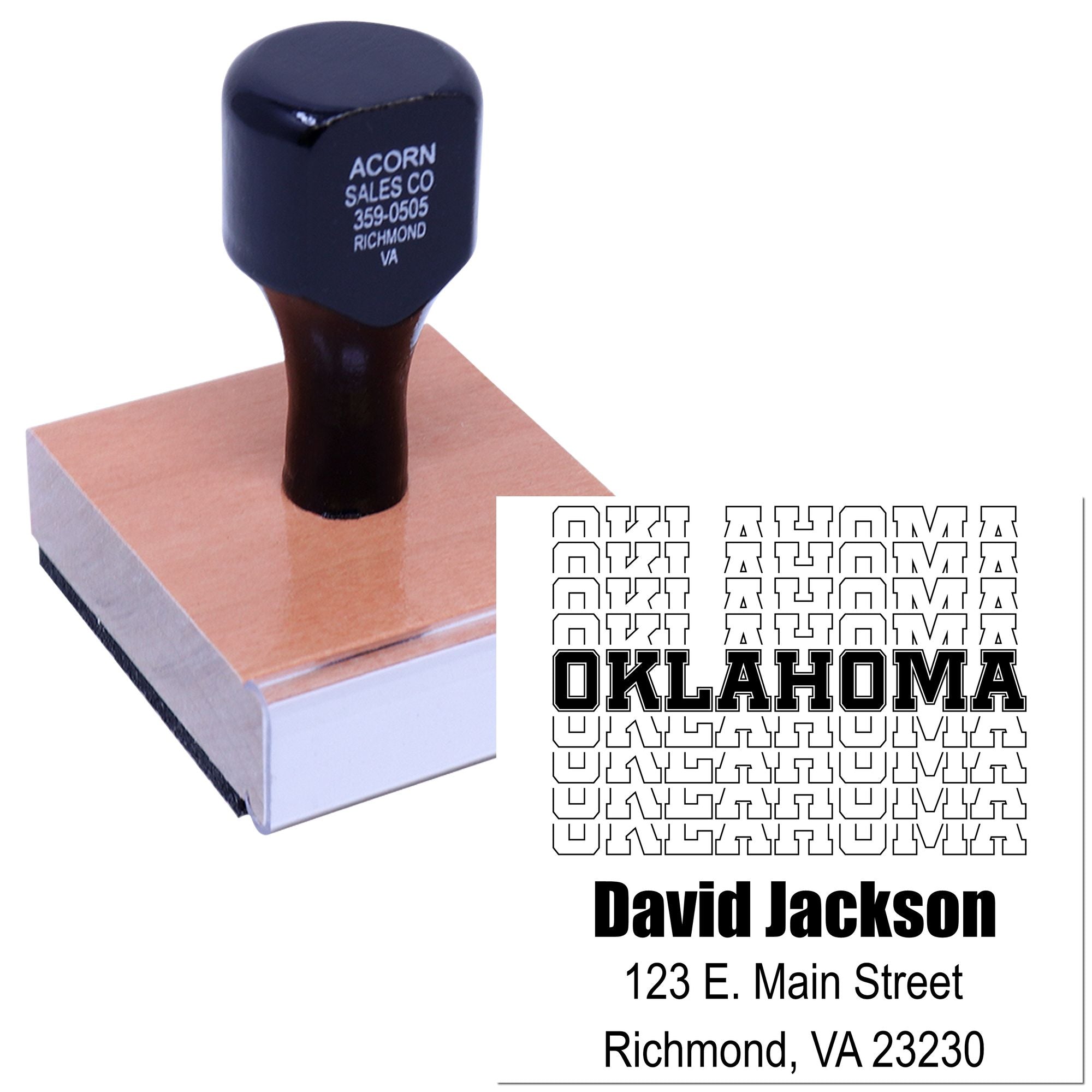 Custom Oklahoma rubber address stamp for business mail, branding, and return-address use.