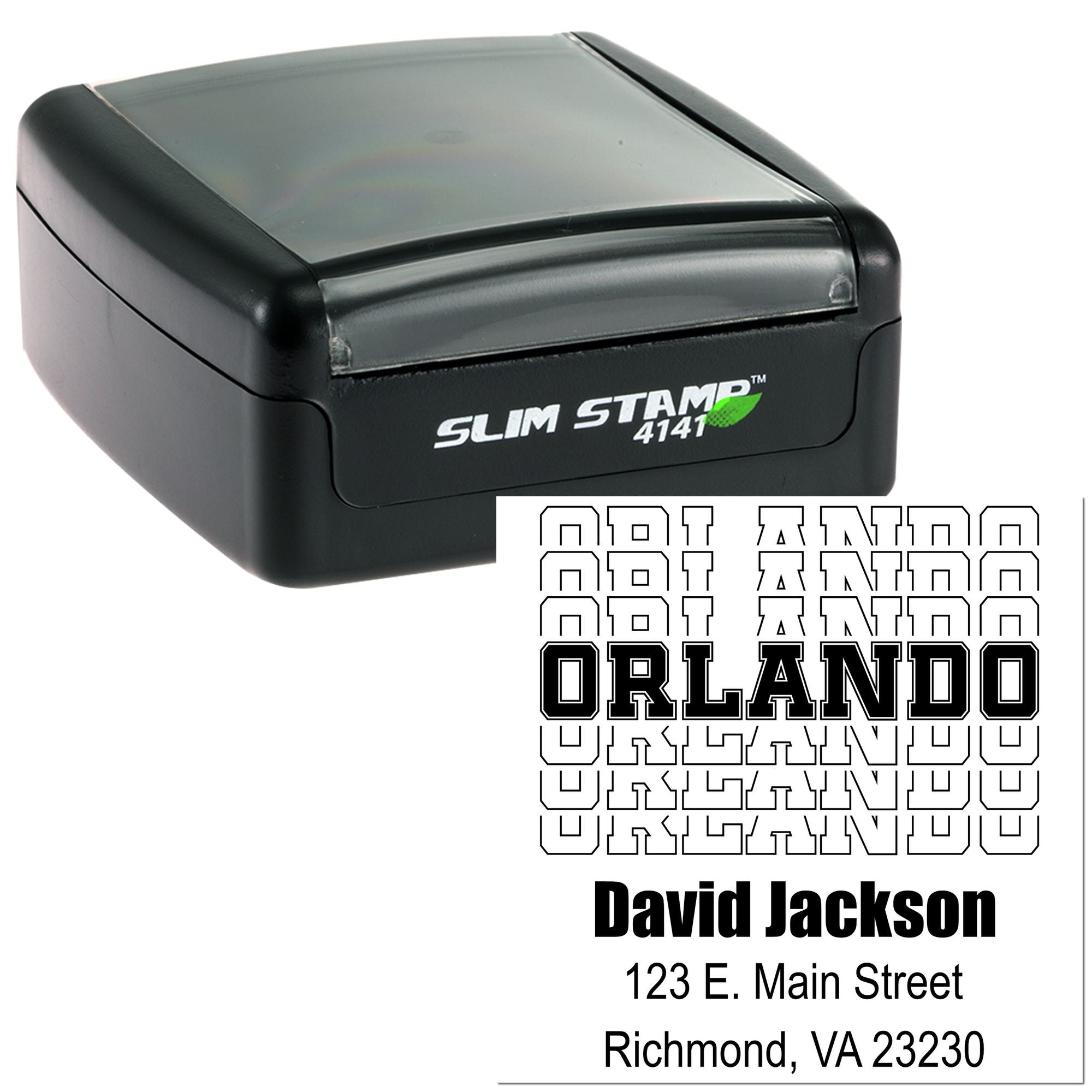 Slim Stamp 4141 custom self-inking rubber stamp with Orlando address imprint for business return-address use.