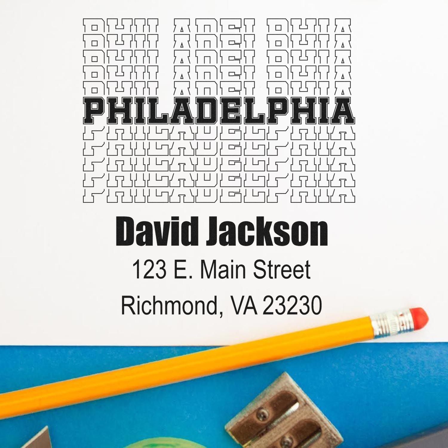 Custom Philadelphia rubber stamp with David Jackson name and Richmond, VA address for business mailings