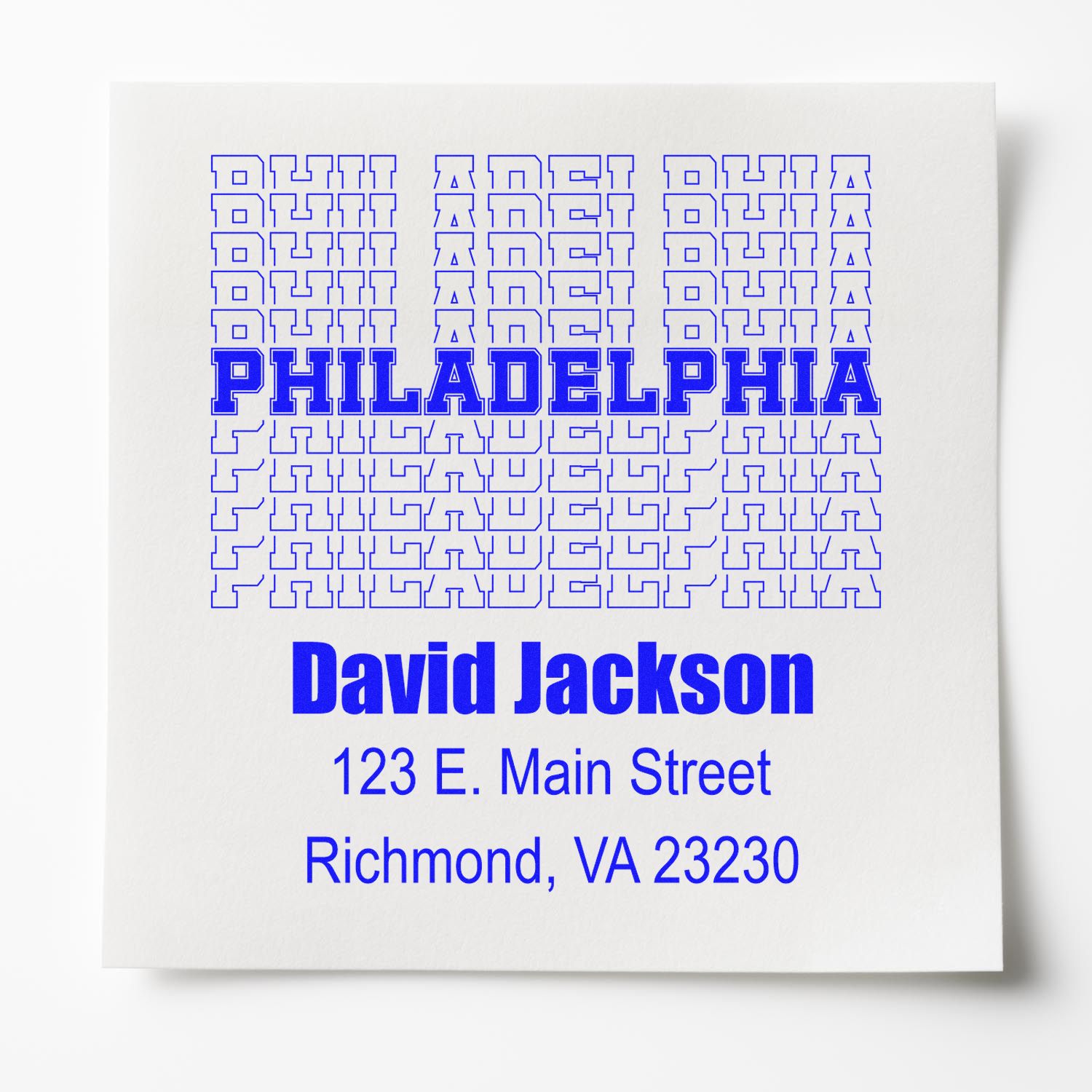 Custom return address rubber stamp for David Jackson, featuring Philadelphia pattern and Richmond, VA 23230 business address.