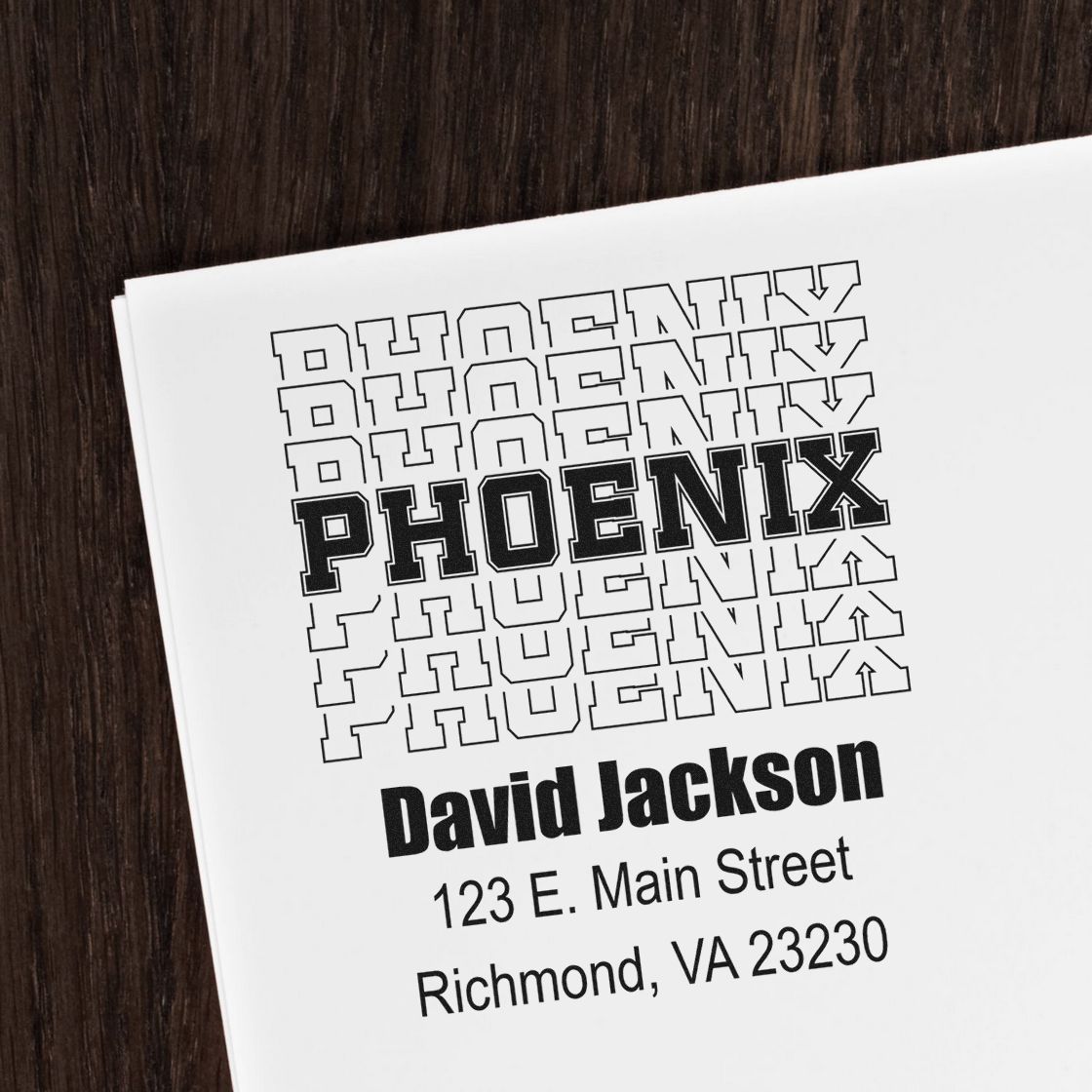 Custom Phoenix address rubber stamp with name and mailing address for David Jackson, Richmond, VA 23230.