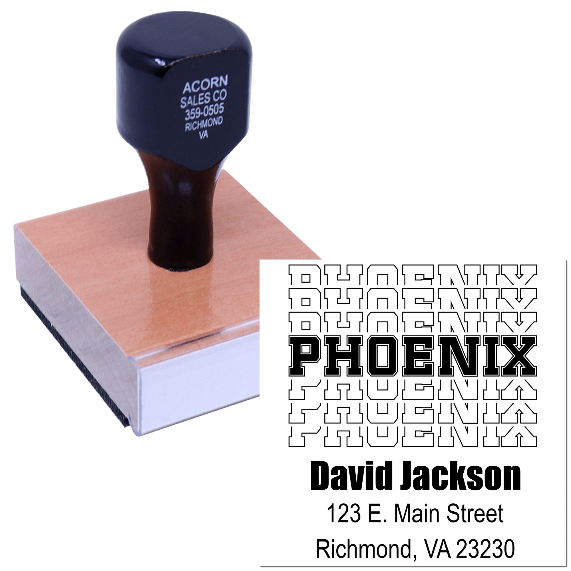 Custom Phoenix rubber stamp with name and address for business mailings and branding