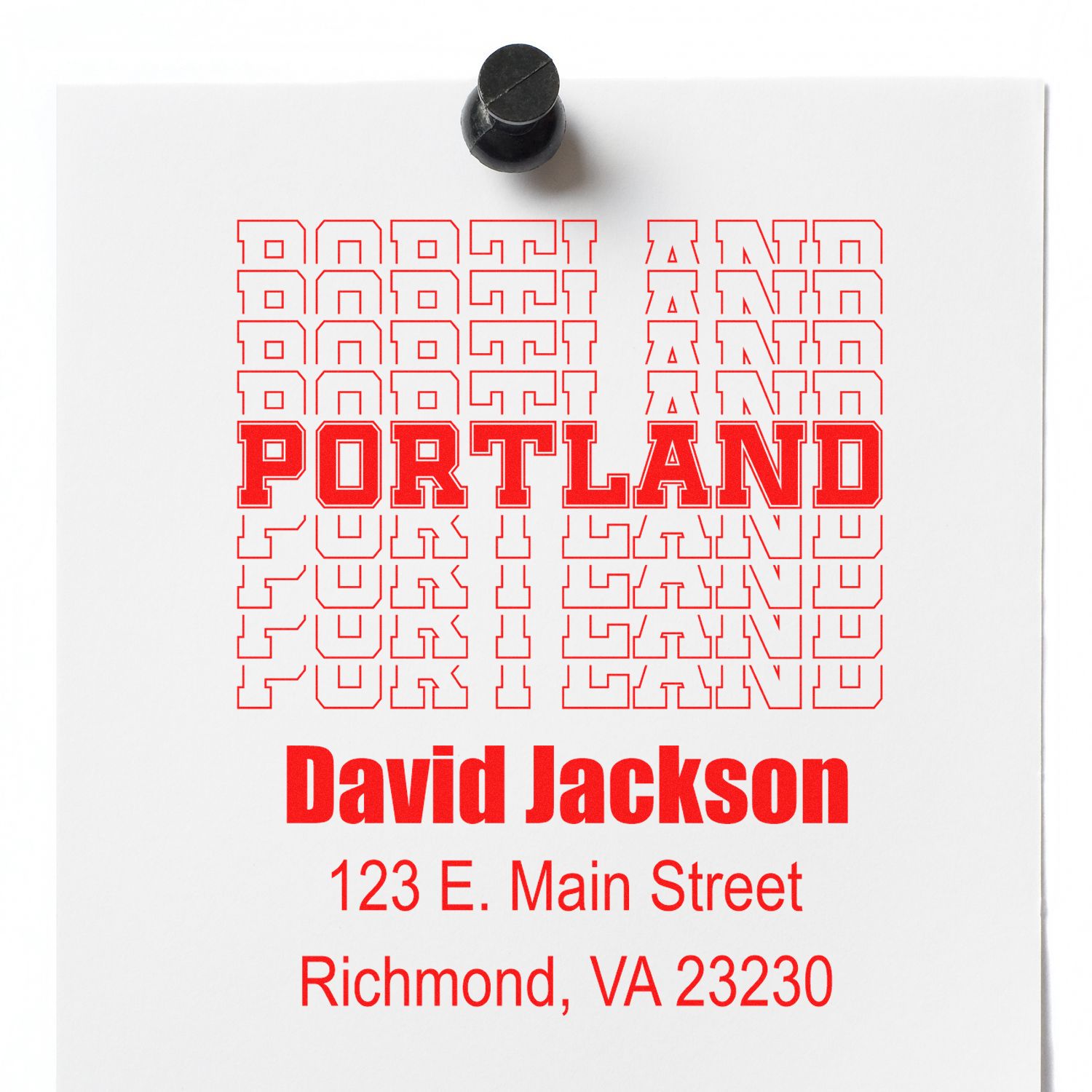 Custom rubber stamp proof featuring Portland graphic, David Jackson name, and Richmond, VA 23230 return address.