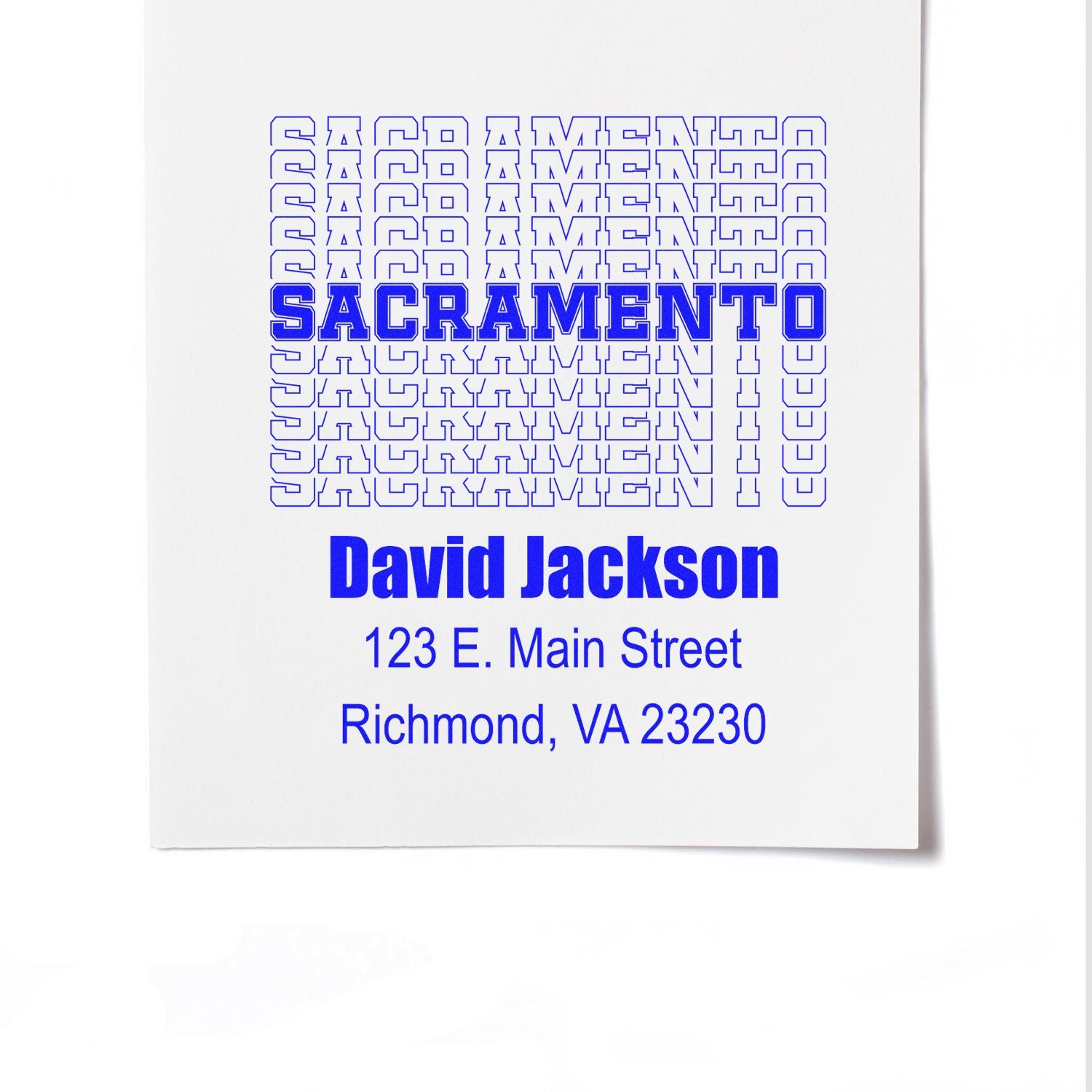Custom Sacramento address rubber stamp design with David Jackson name and Richmond, VA mailing address.