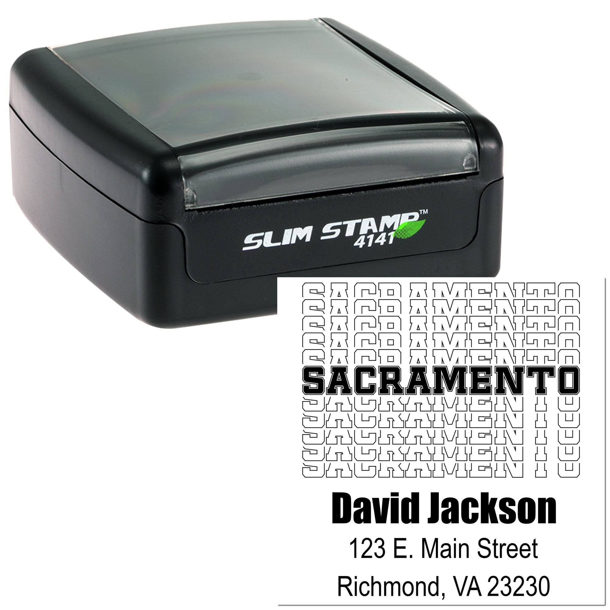 Custom self-inking rubber address stamp with Sacramento design and David Jackson return address