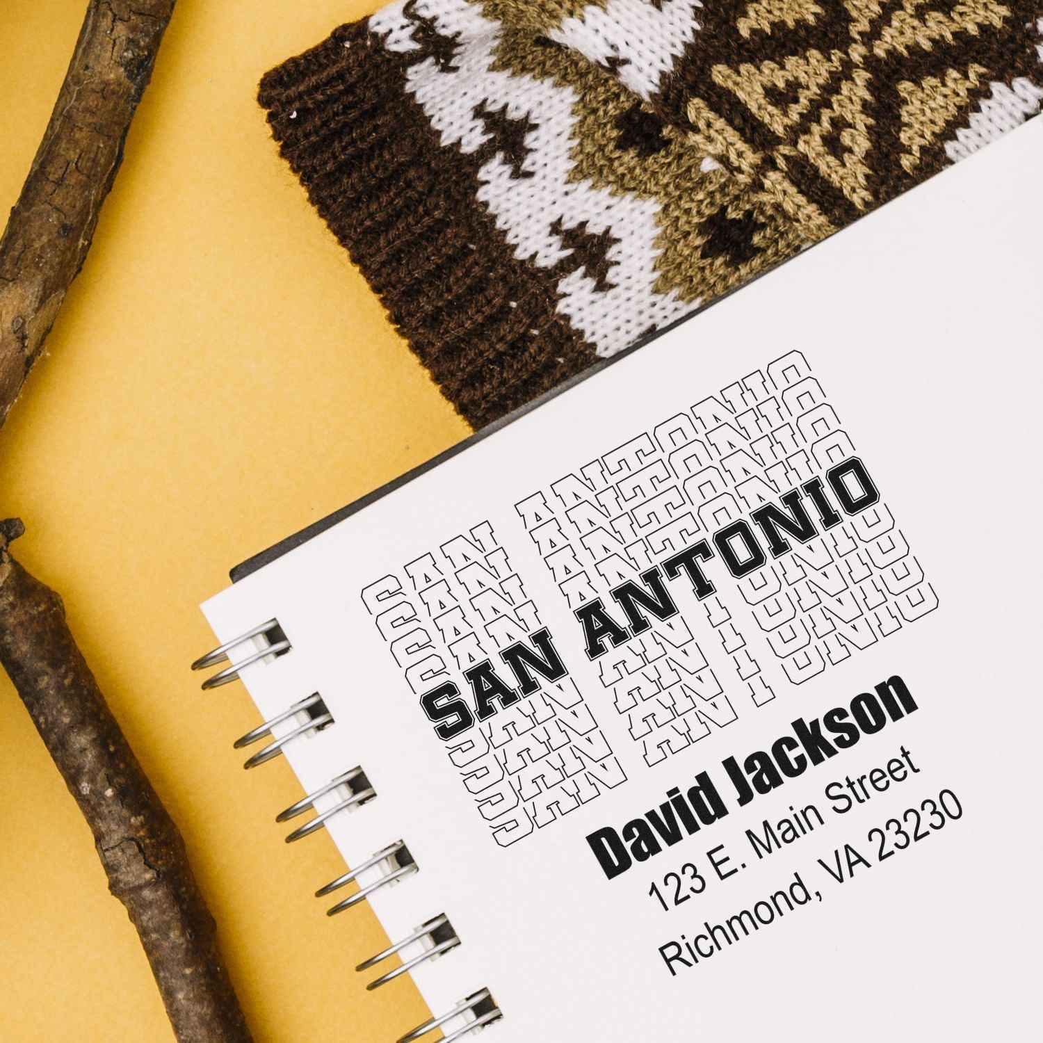 Custom address rubber stamp mockup featuring San Antonio return address with name and mailing details.