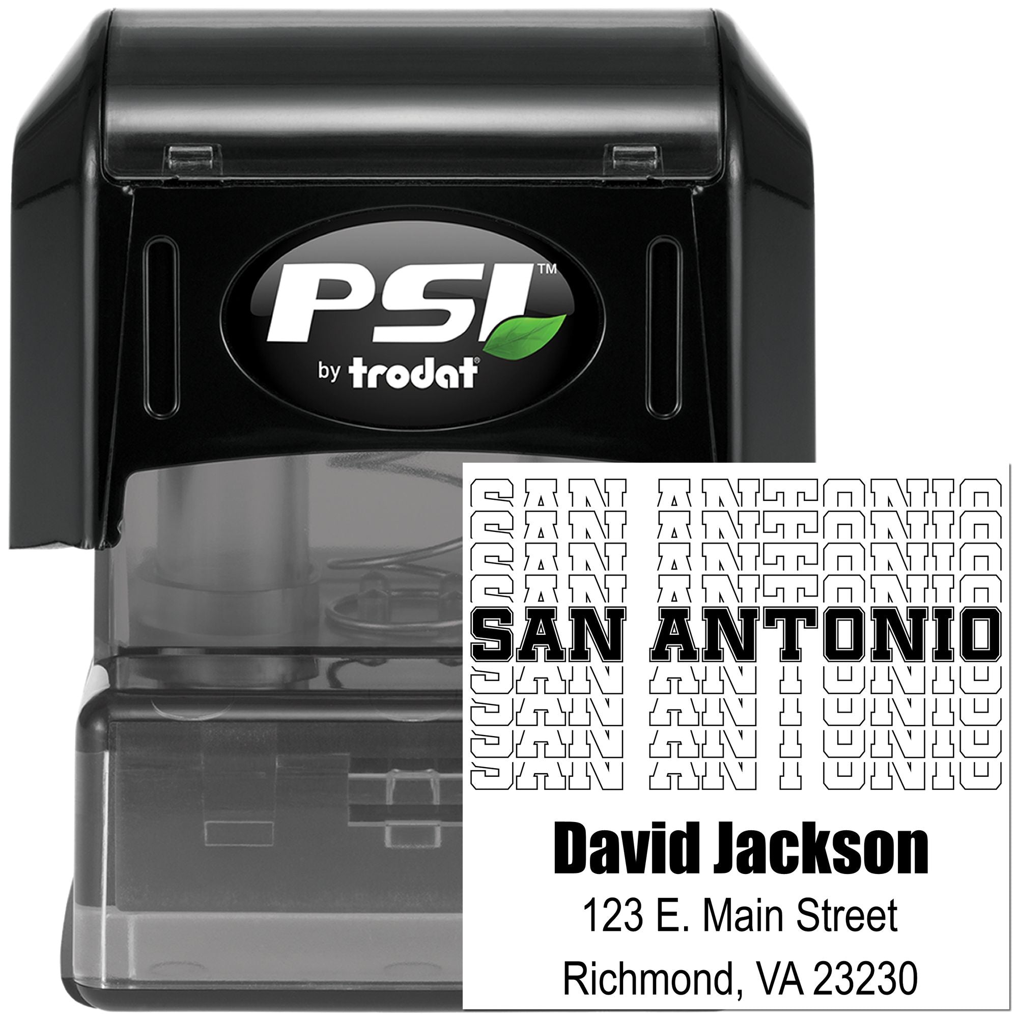 PSI by Trodat self-inking custom address rubber stamp with San Antonio imprint and name, street, city, state, ZIP sample.
