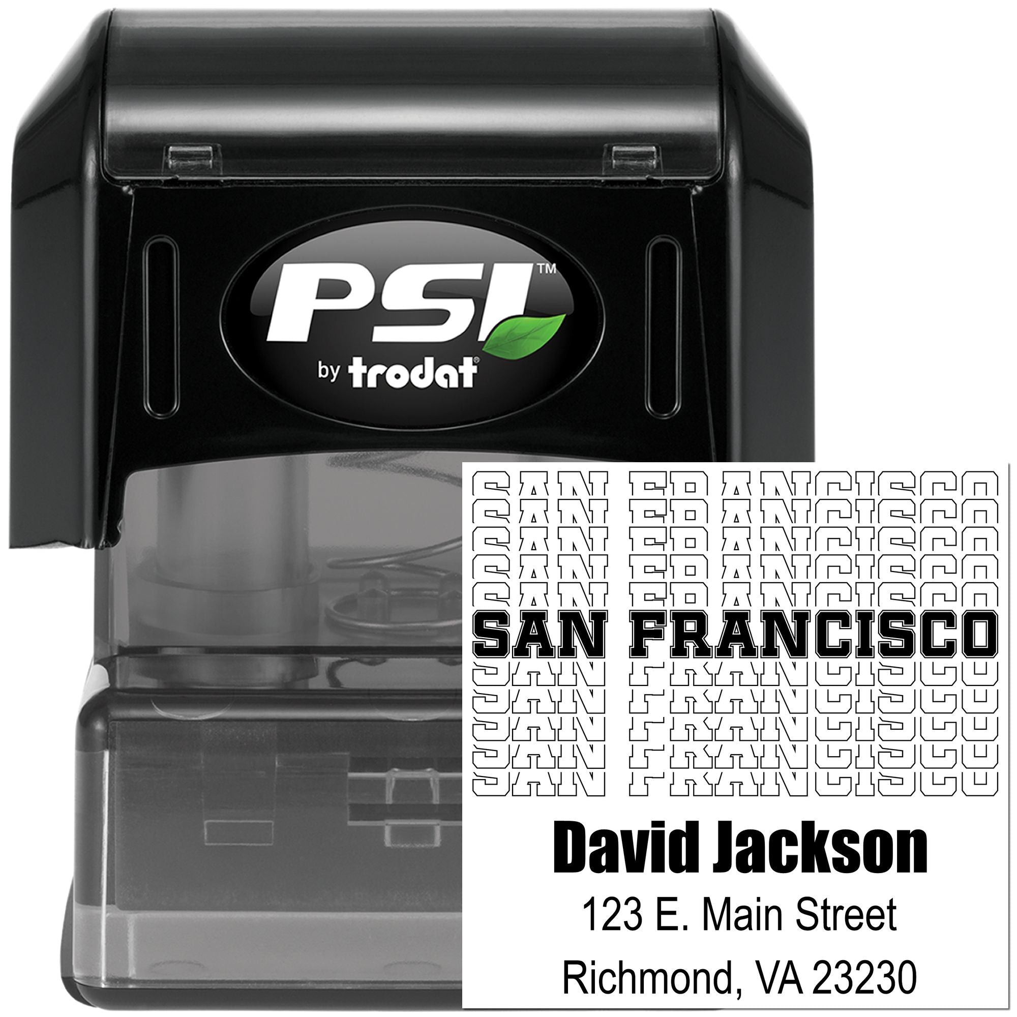 PSI by Trodat self-inking rubber address stamp showing custom name, street address, and city imprint.
