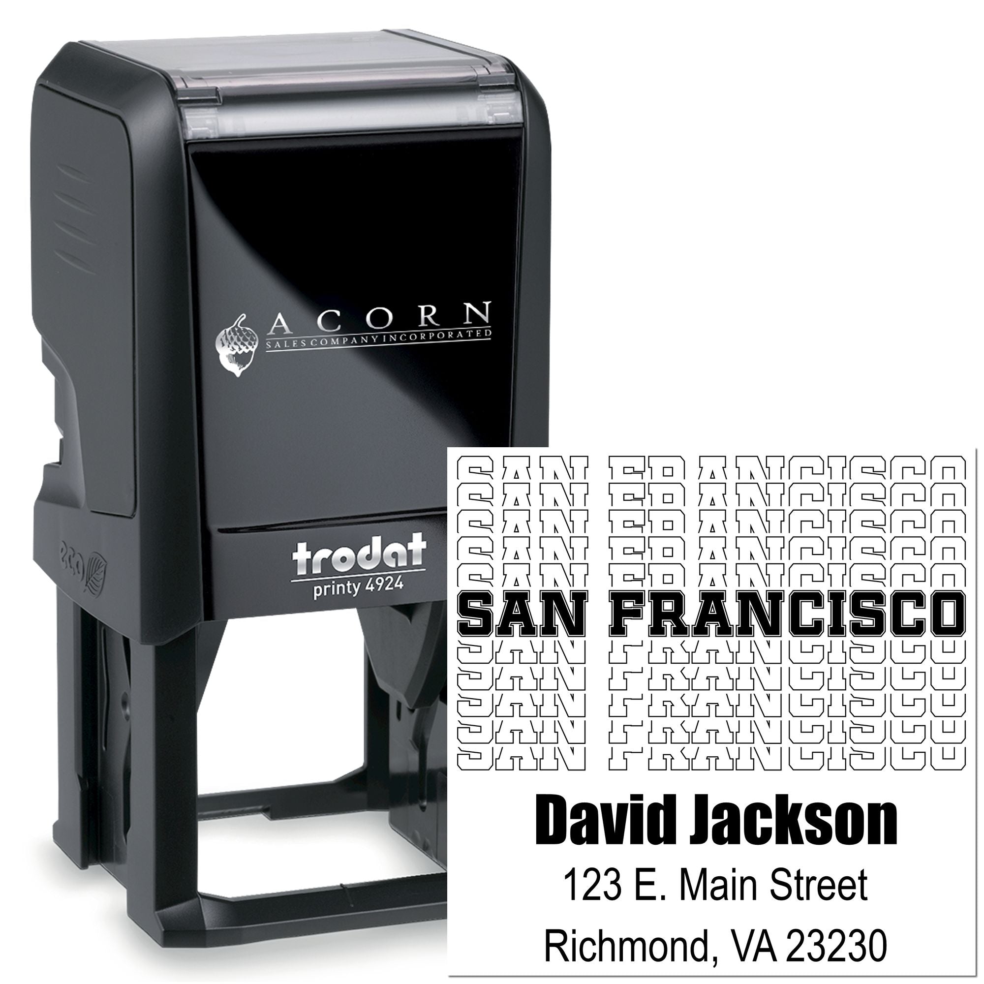 Trodat Printy 4924 custom self-inking rubber stamp with San Francisco address imprint for business and return address use.