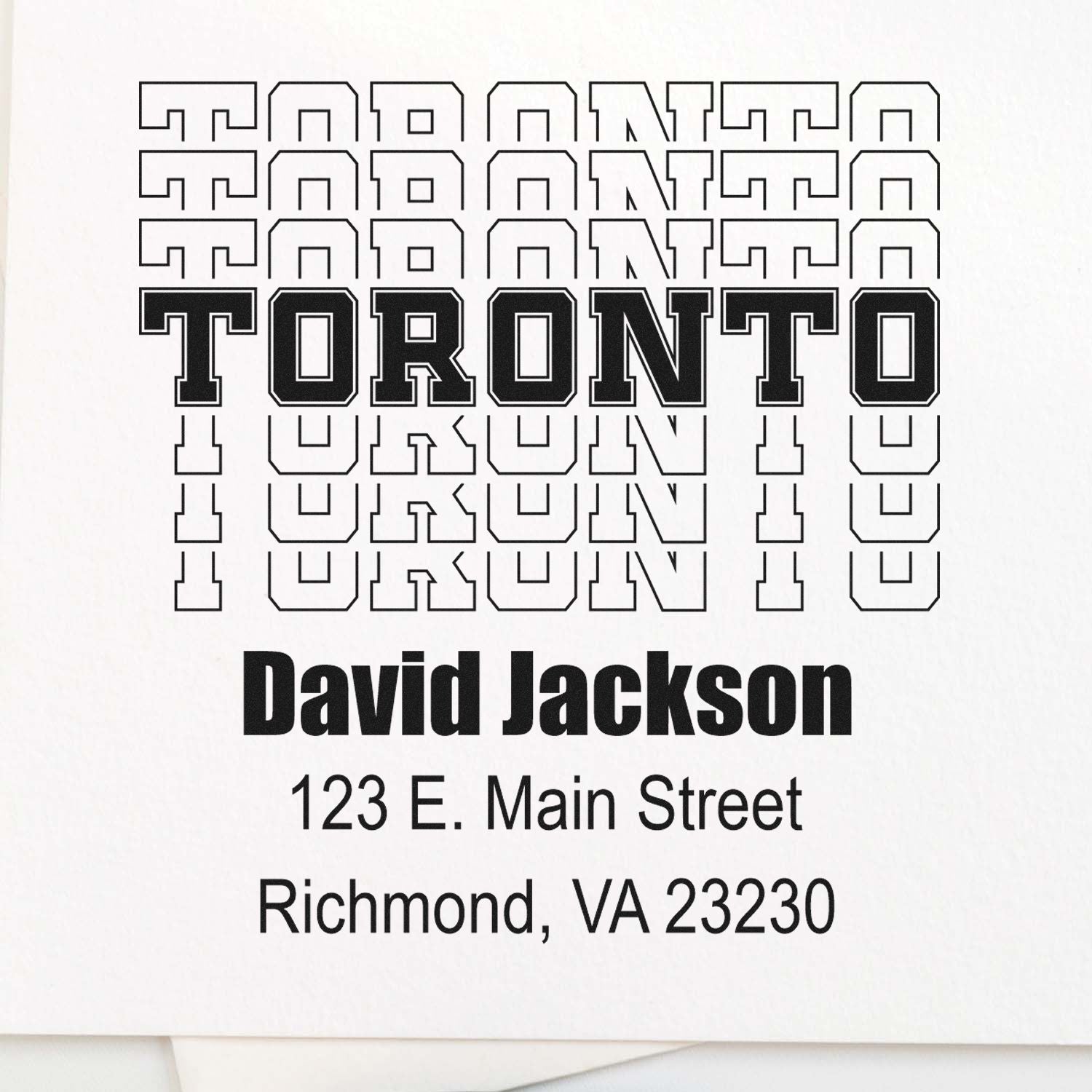 Custom rubber stamp design proof featuring Toronto word art and David Jackson address, Richmond, VA 23230.