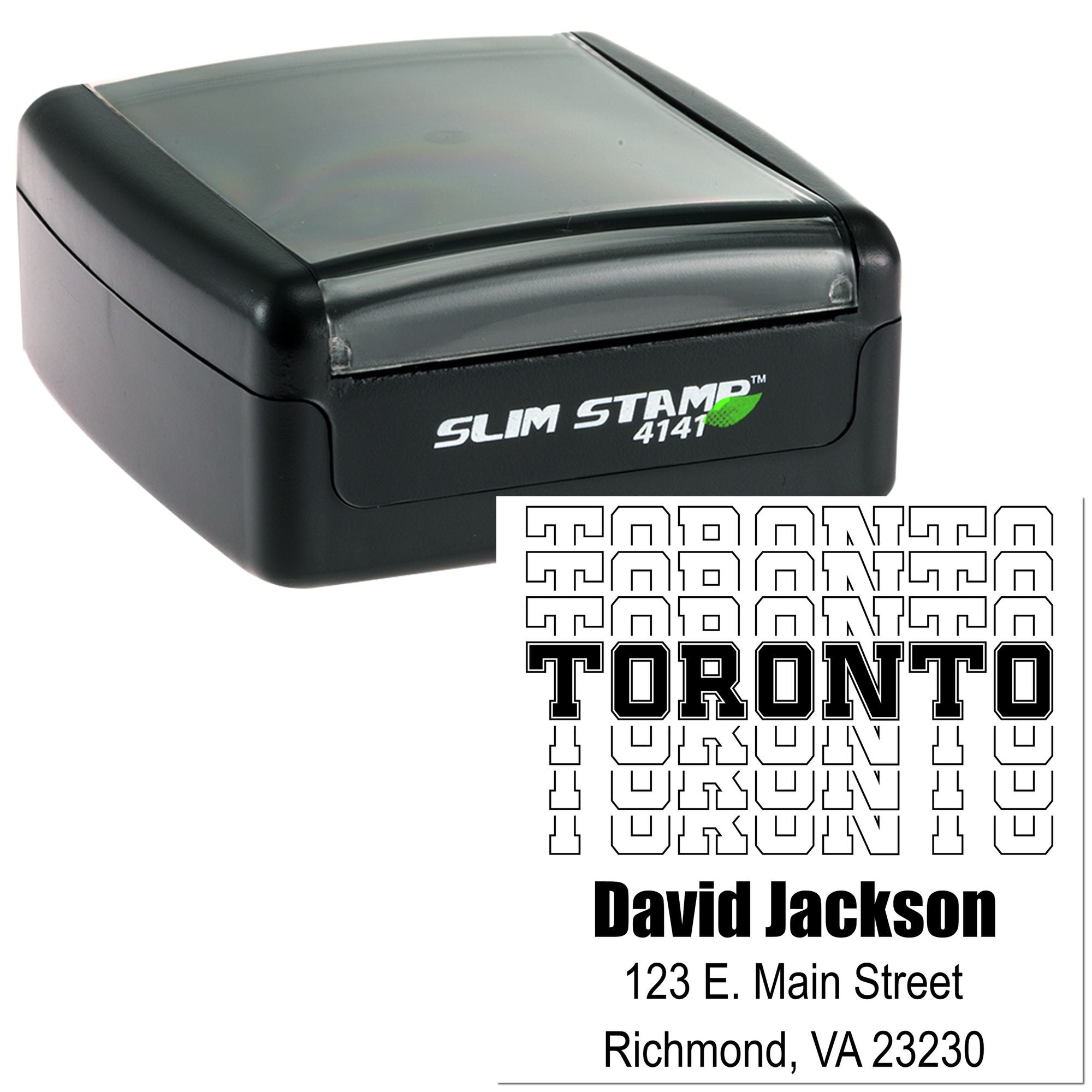 Custom self-inking rubber address stamp with Toronto design and David Jackson return address for business mail.