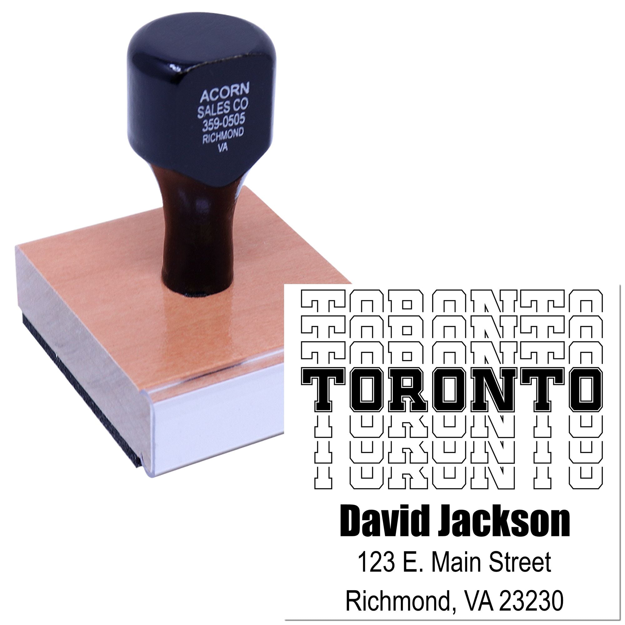 Custom Toronto rubber stamp with return address, business name and sample imprint for mailing, branding and office use.