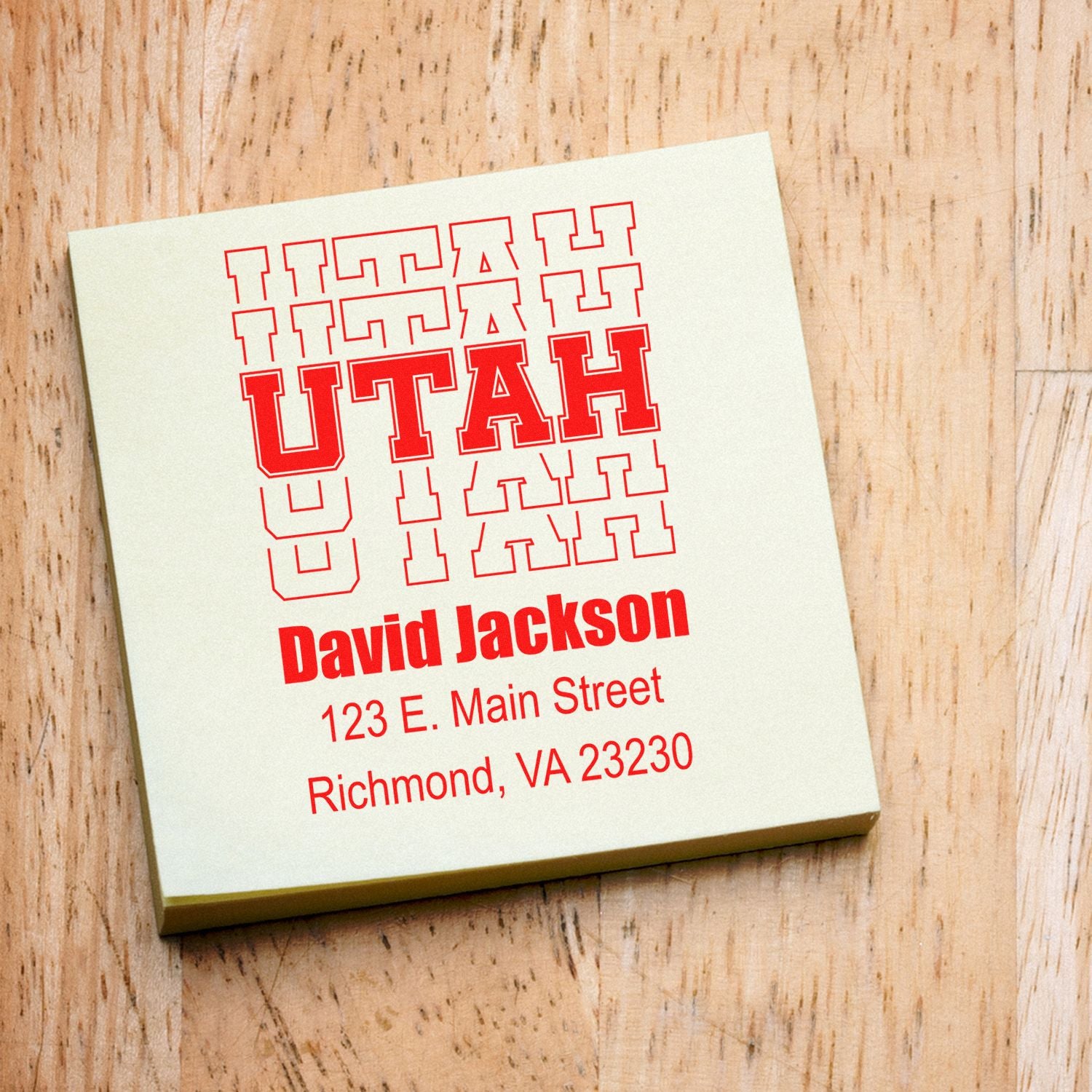 Custom Utah return address rubber stamp featuring David Jackson and Richmond, VA address.