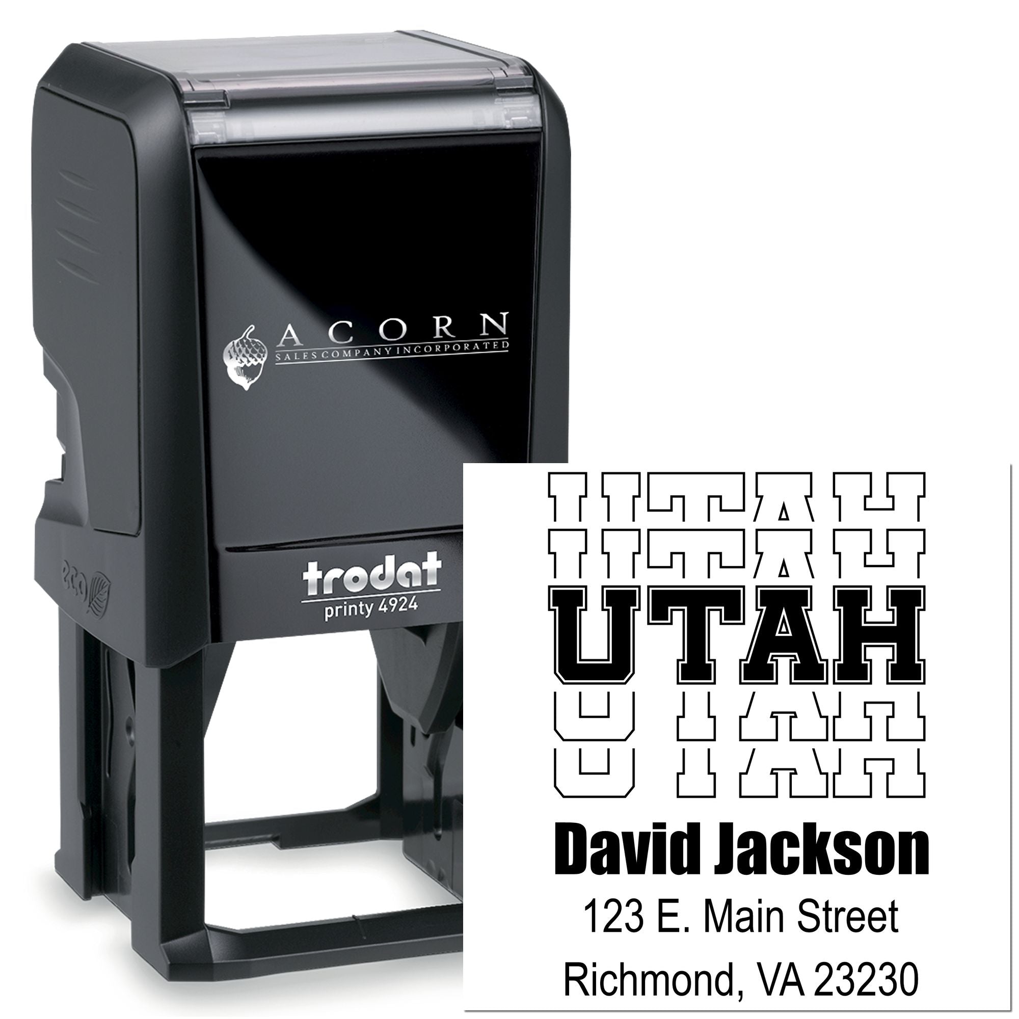 Trodat self-inking rubber stamp with custom address imprint for business mailing, branding, and office use.