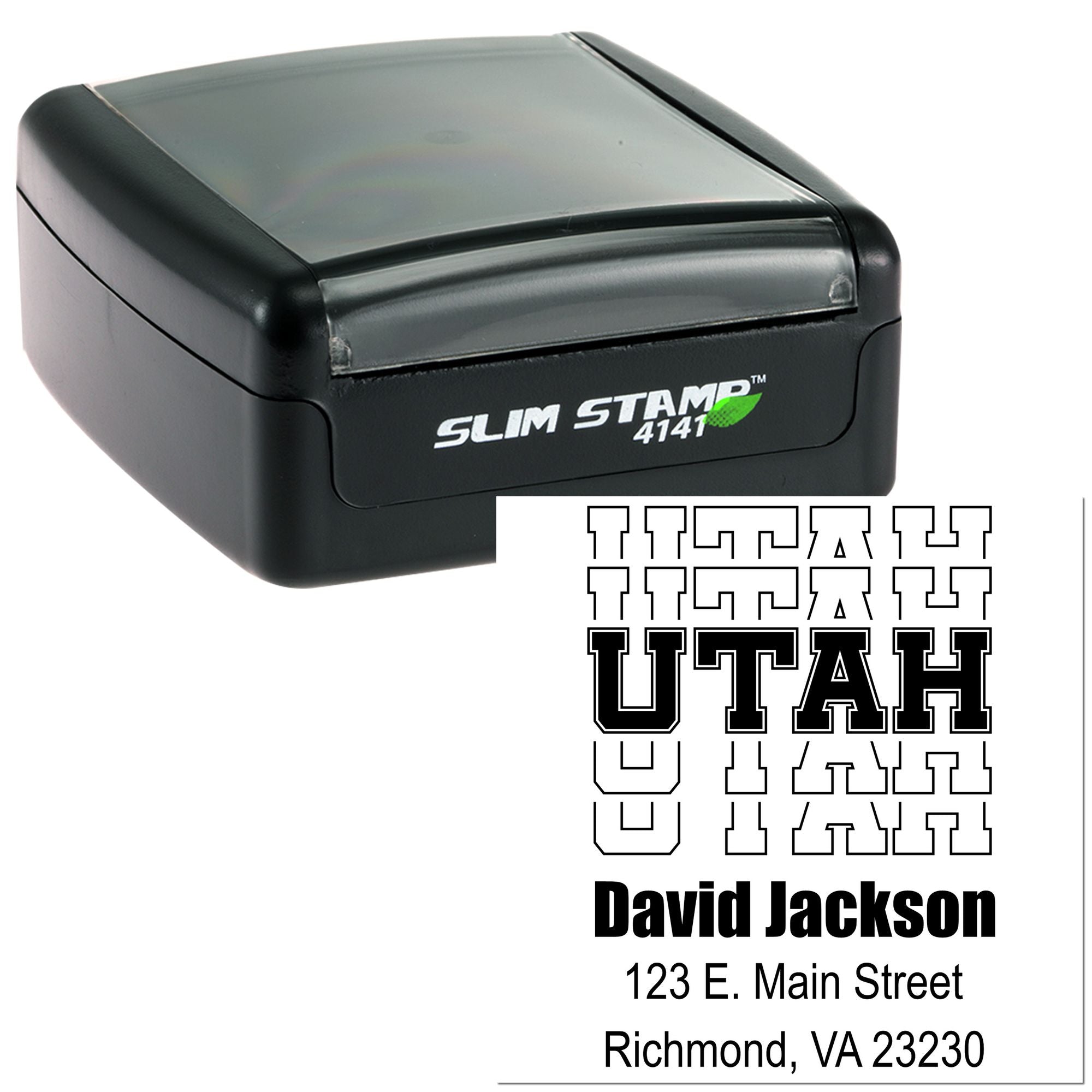 Custom self-inking rubber stamp with Utah design and return address for David Jackson, Richmond, VA.