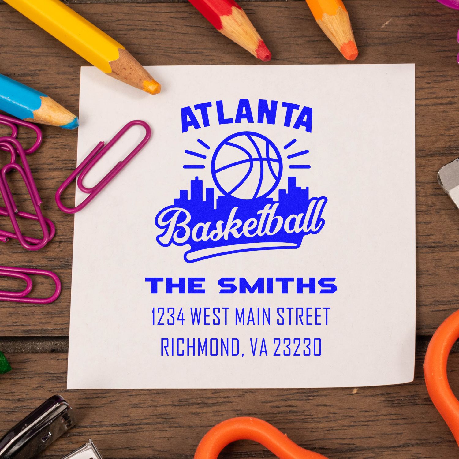 Personalized Atlanta Basketball rubber address stamp for The Smiths, featuring name and Richmond, VA mailing details.
