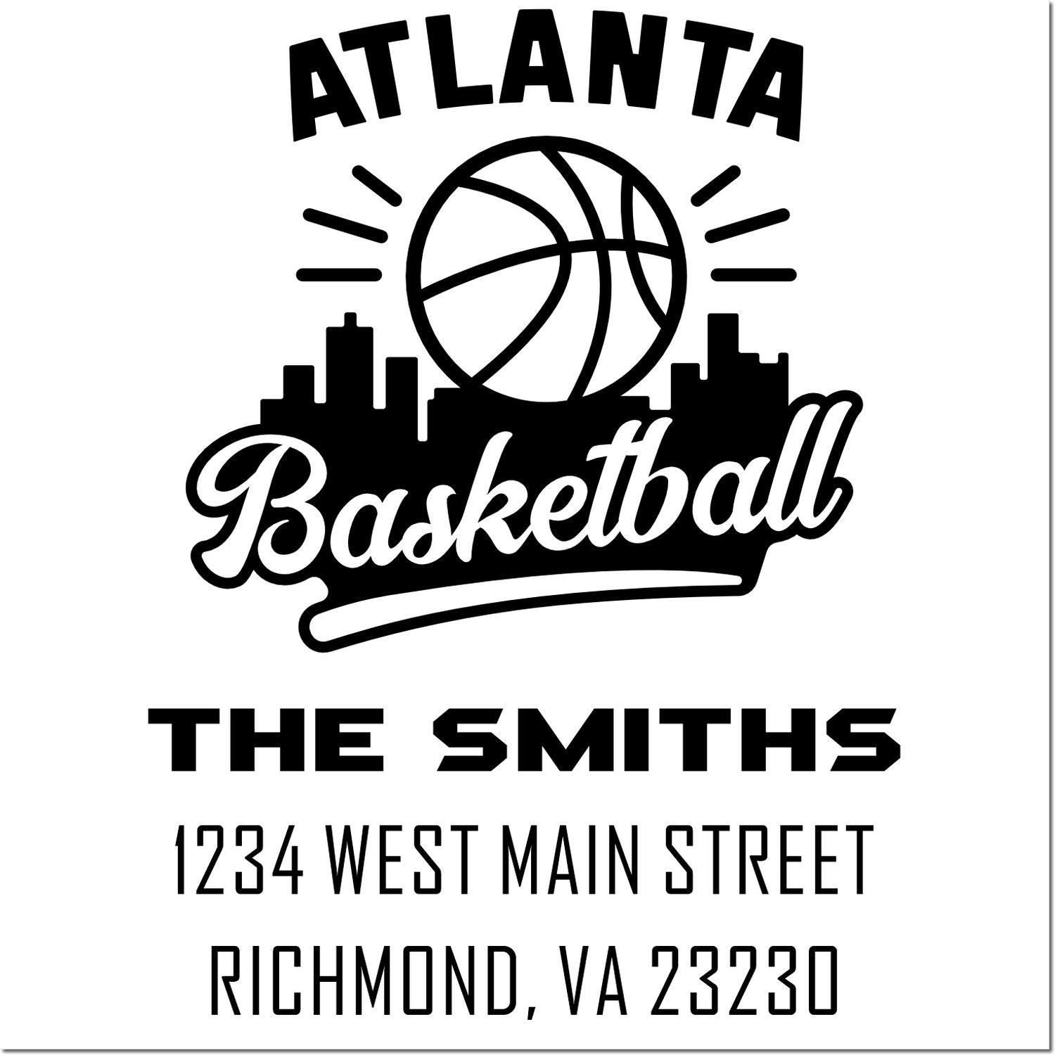 Custom Atlanta Basketball return address rubber stamp for The Smiths, 1234 West Main Street, Richmond, VA 23230.