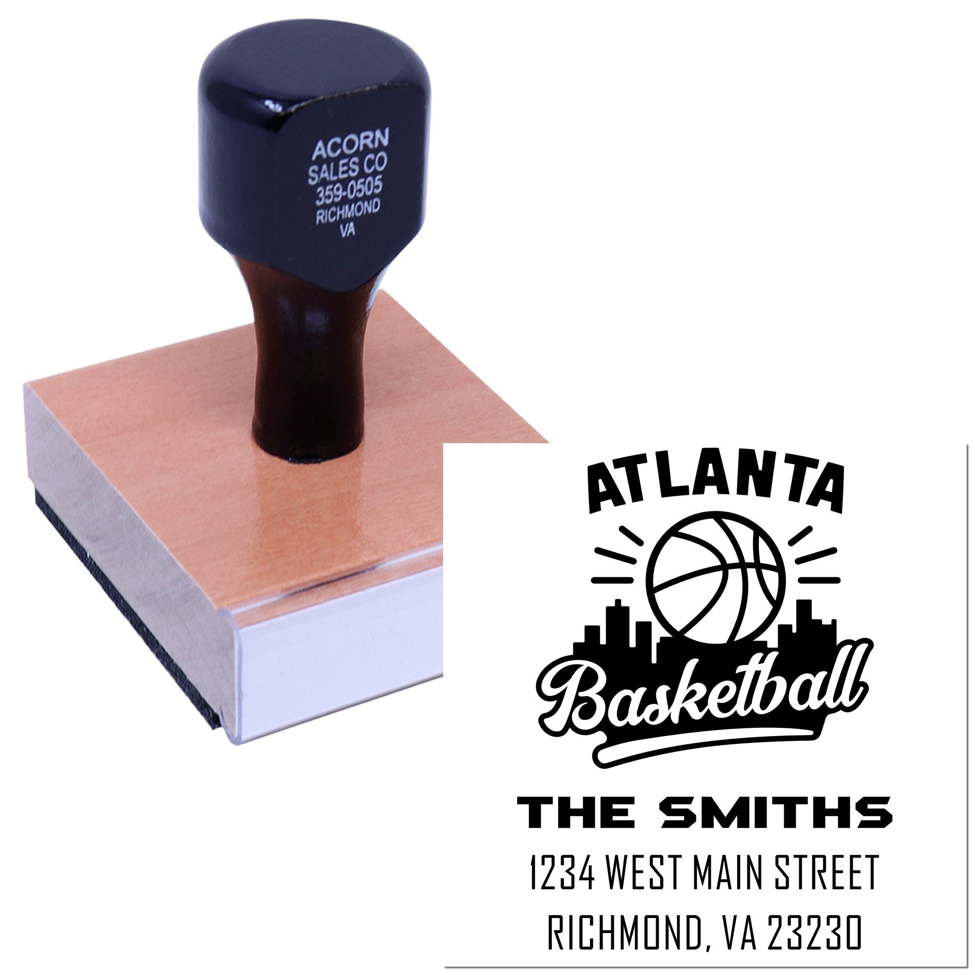Custom address rubber stamp featuring Atlanta basketball design and The Smiths return address