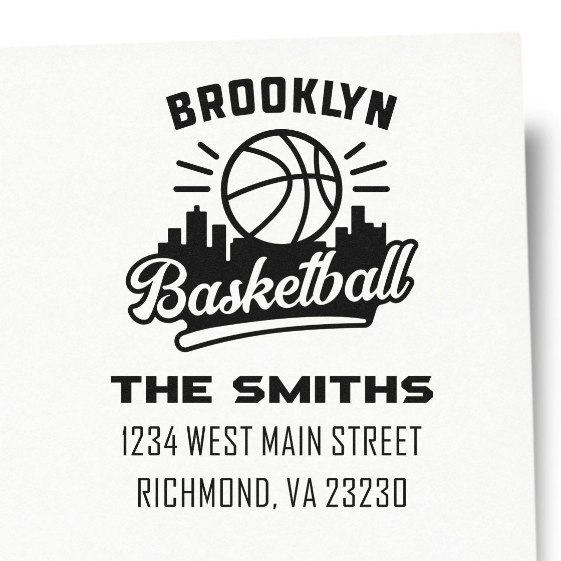 Personalized basketball return address rubber stamp for The Smiths with Brooklyn skyline design and Richmond, VA 23230.