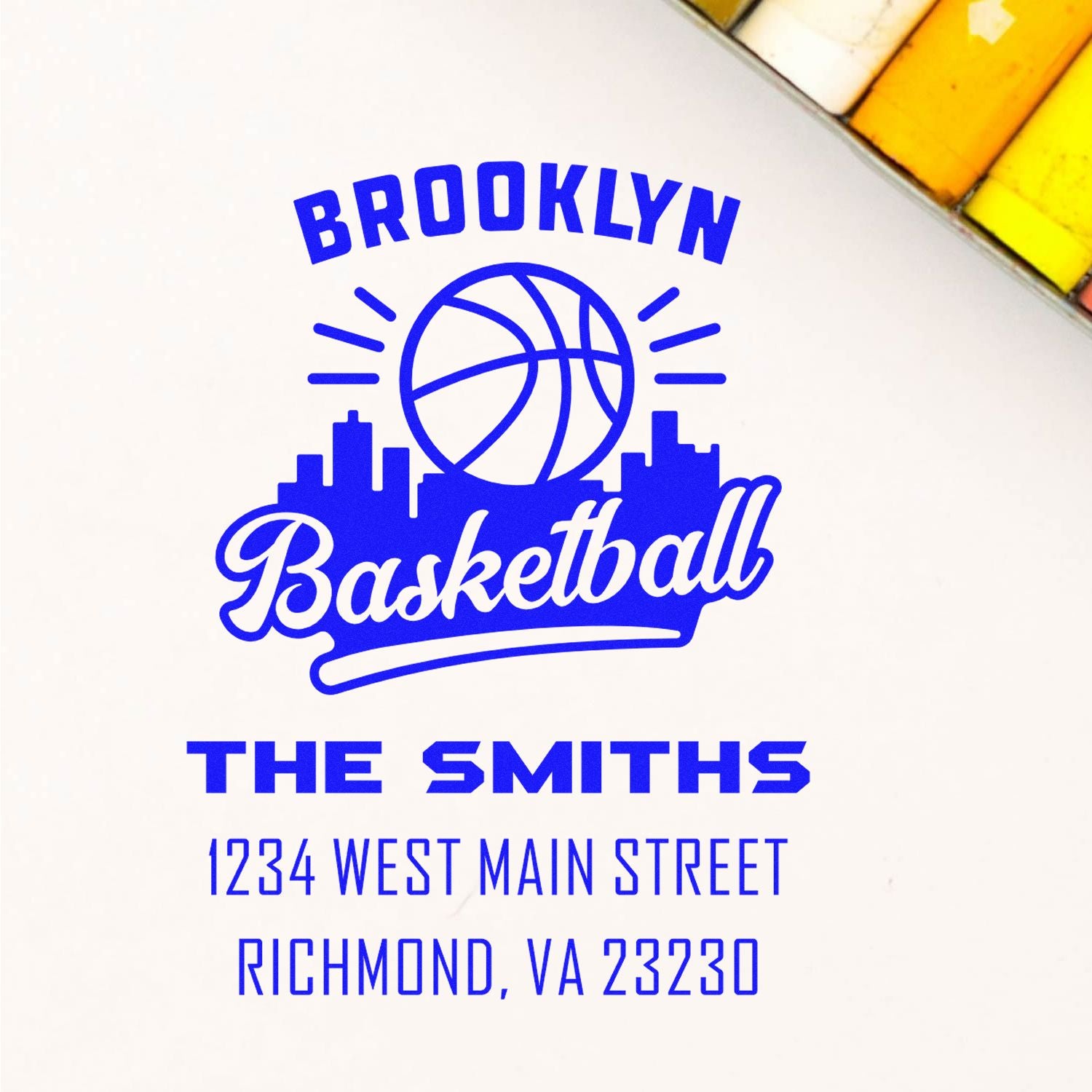 Custom Brooklyn Basketball rubber stamp for The Smiths, featuring personalized address and city details for mailings.