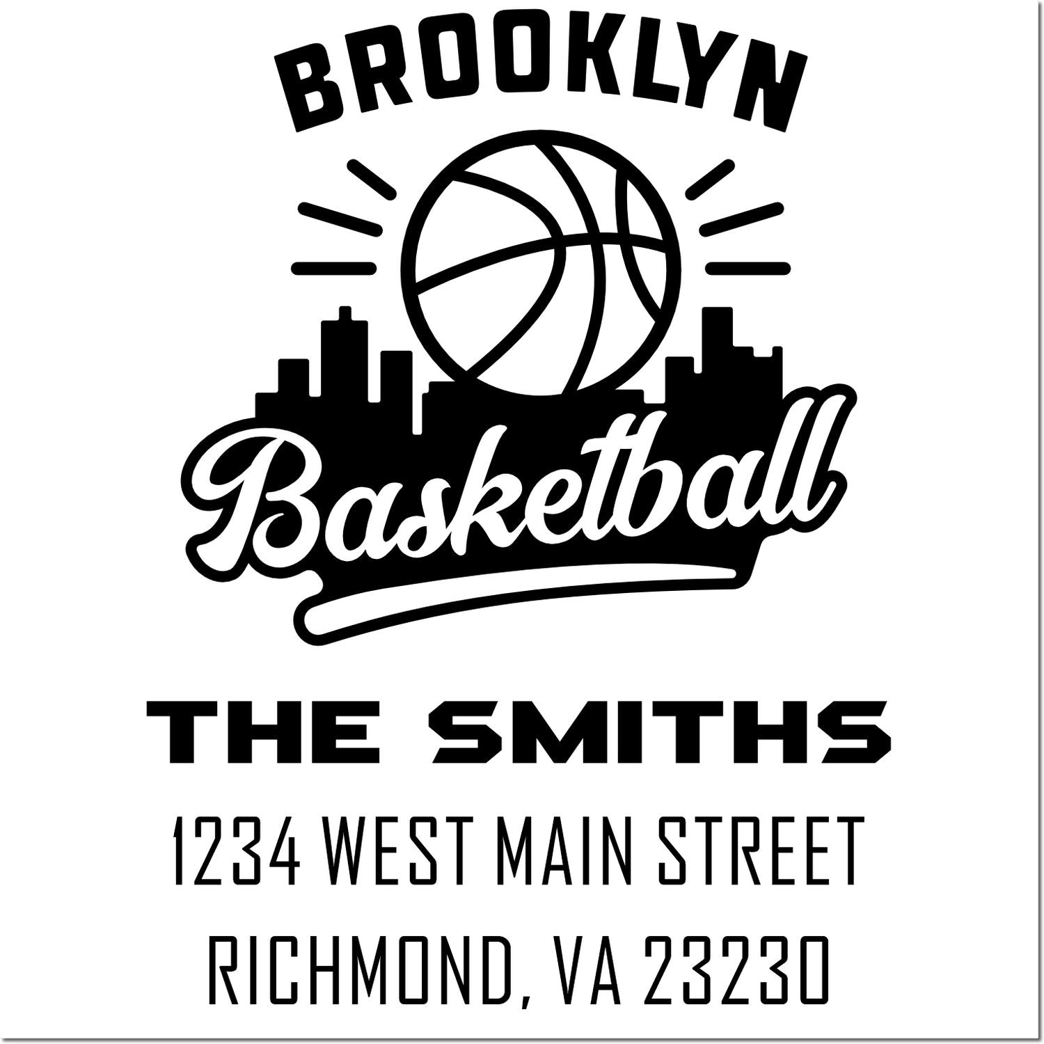 Custom Brooklyn basketball rubber stamp with The Smiths name, address, and city for personalized sports-themed mailing.