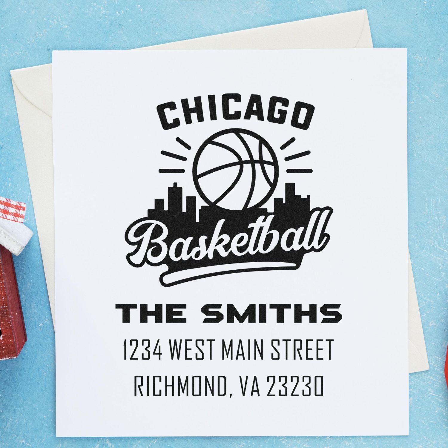 Custom Chicago basketball rubber stamp with The Smiths name and return address for personalized mail and packaging.